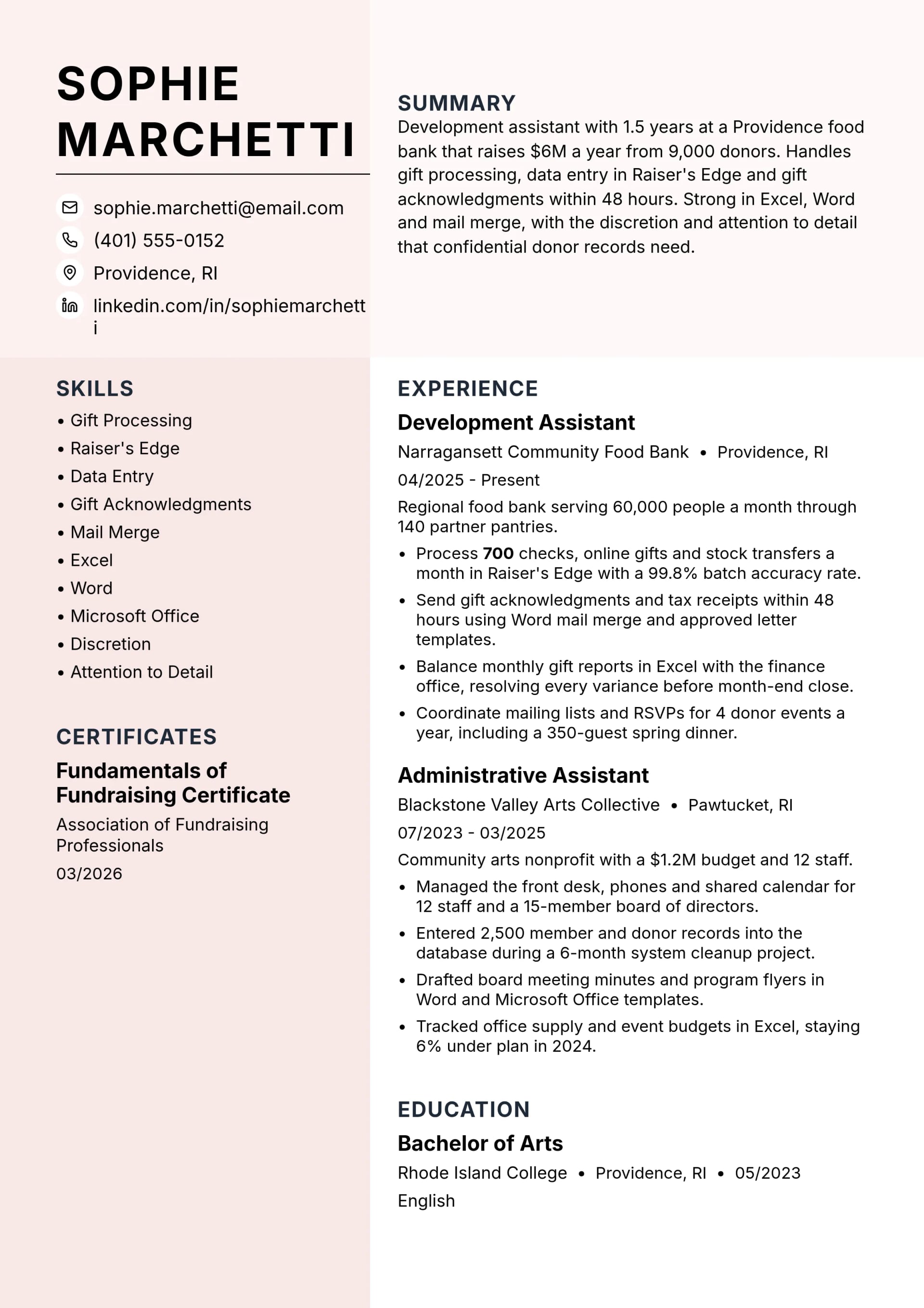 Development Assistant resume example