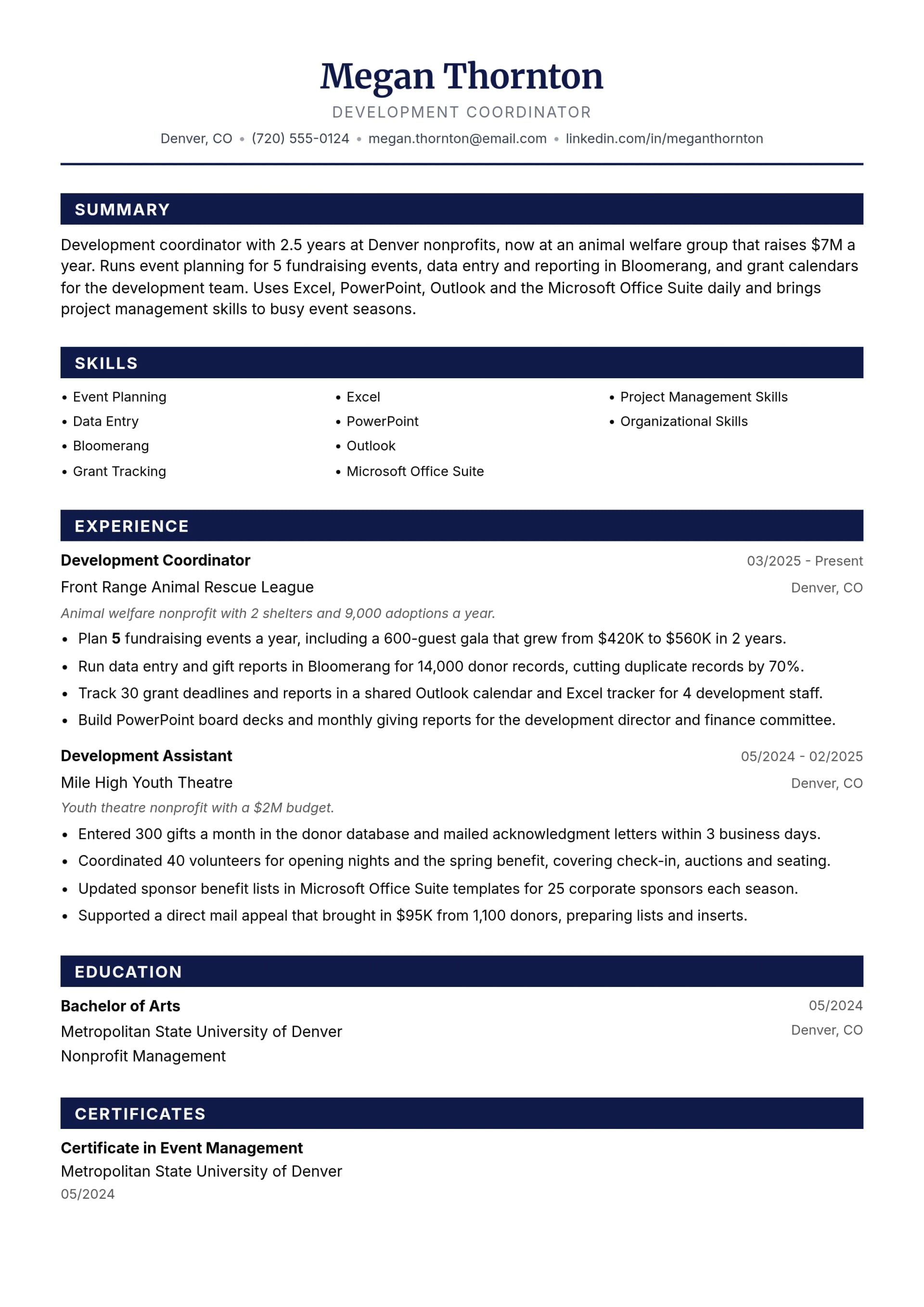 Development Coordinator resume example