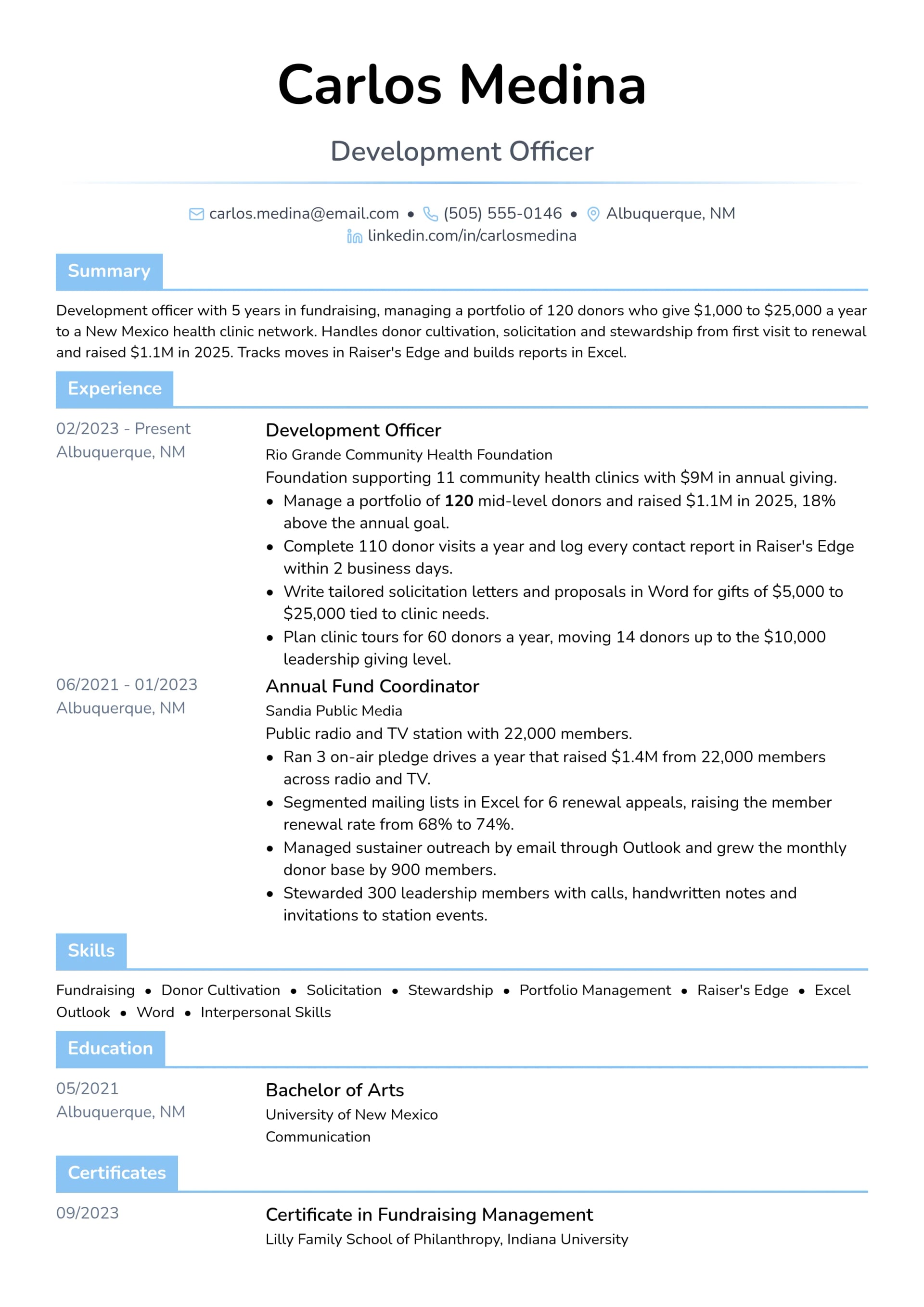 Development Officer resume example