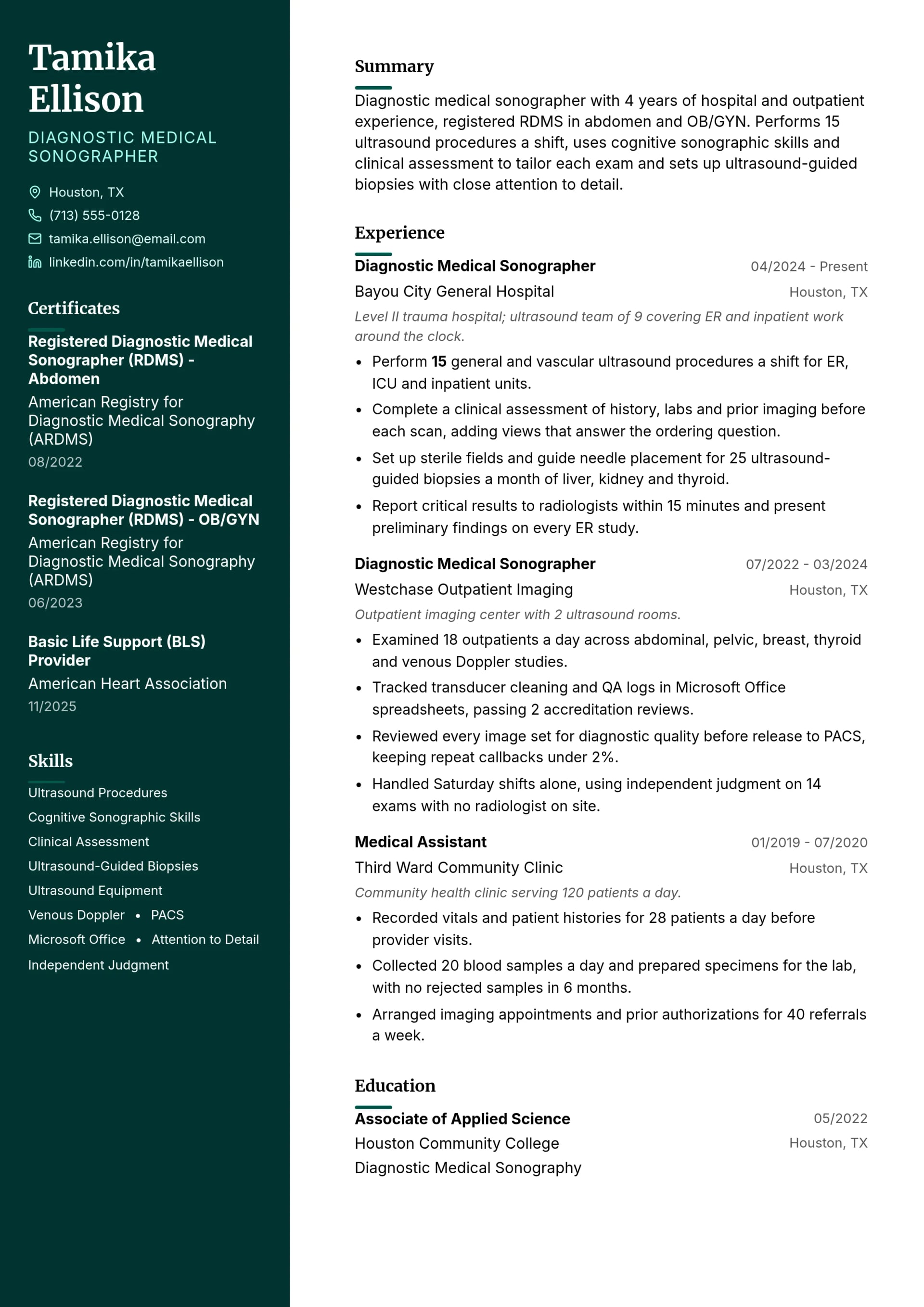 Diagnostic Medical Sonographer resume example