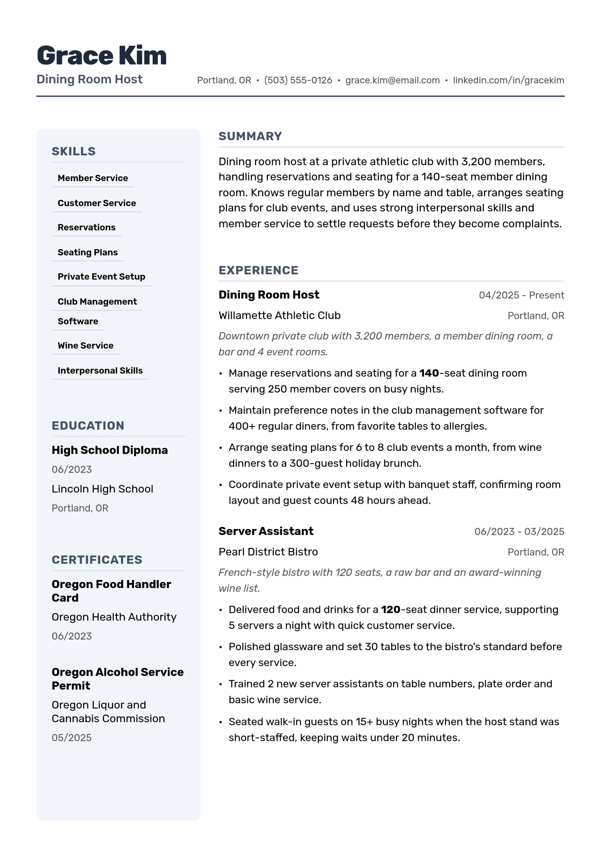 Dining Room Host resume example