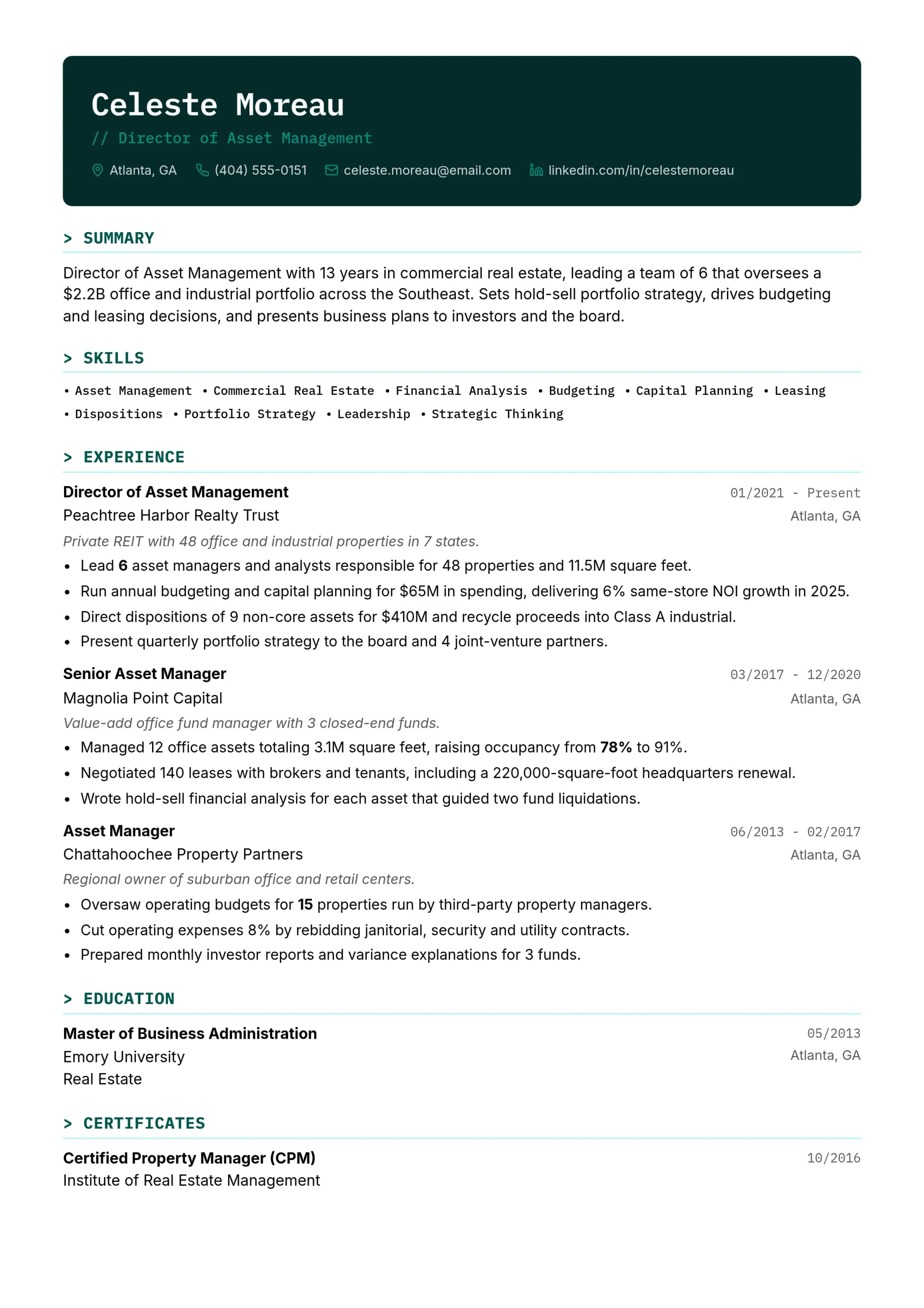 Director of Asset Management resume example