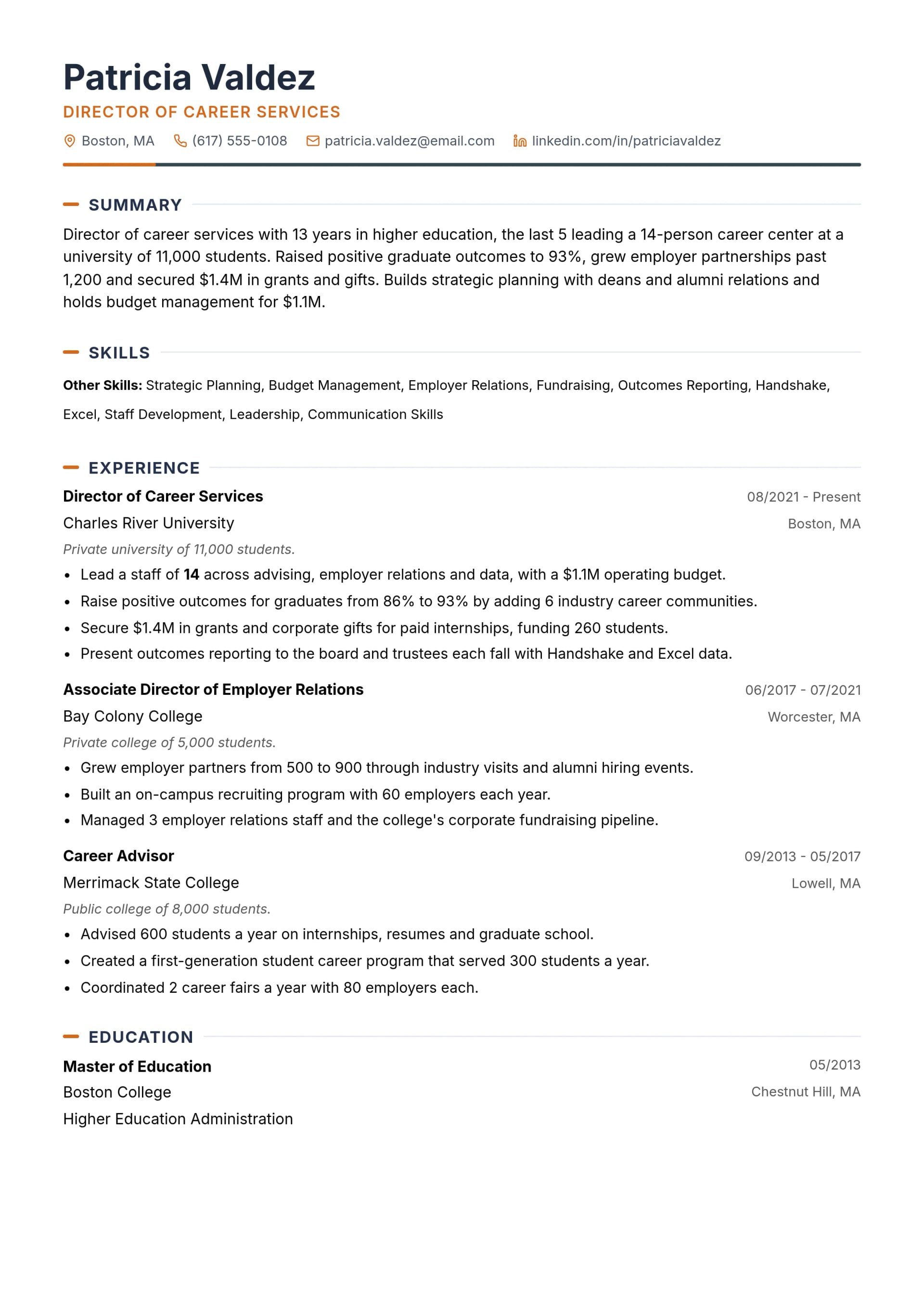 Director of Career Services resume example