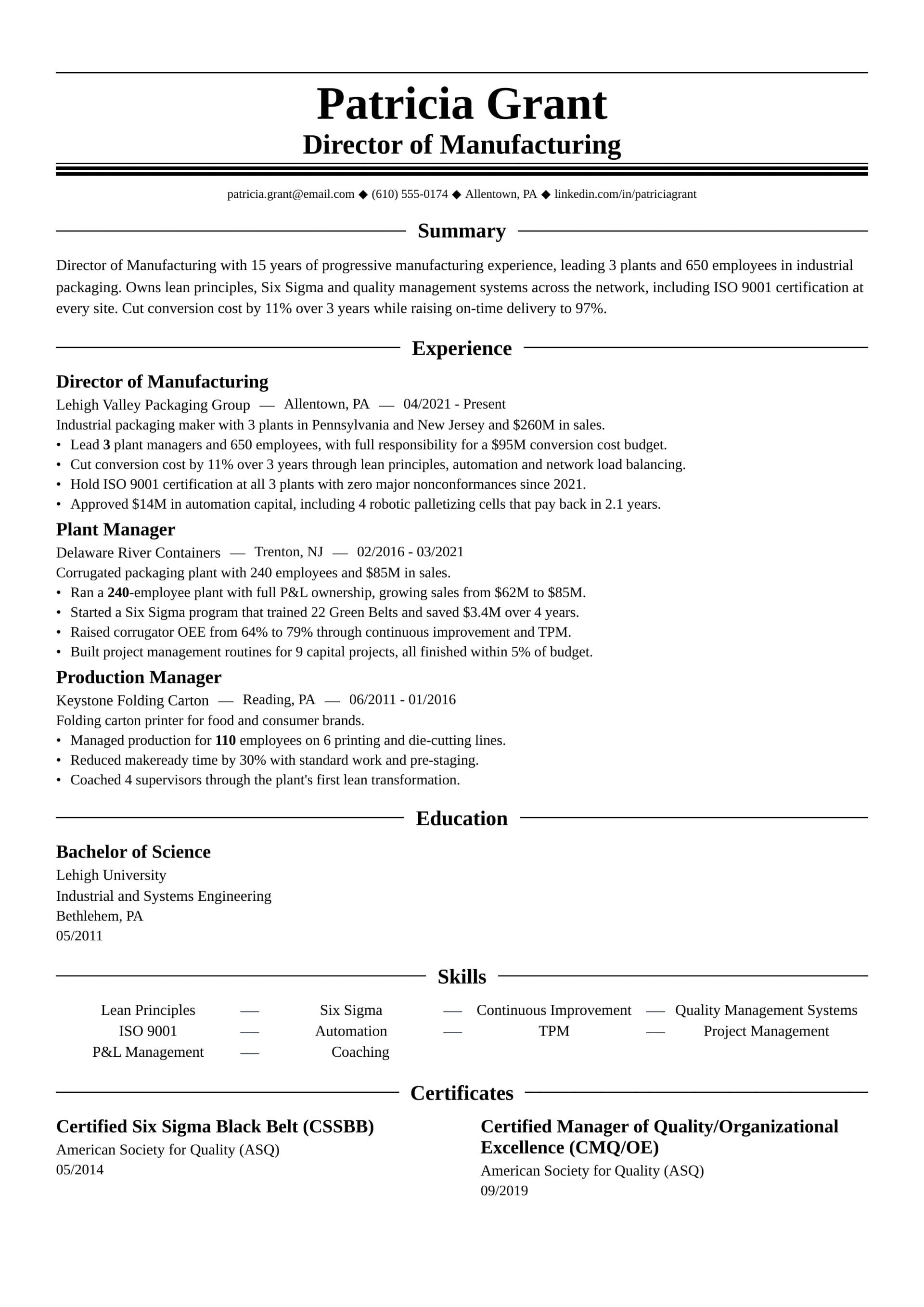 Director of Manufacturing resume example