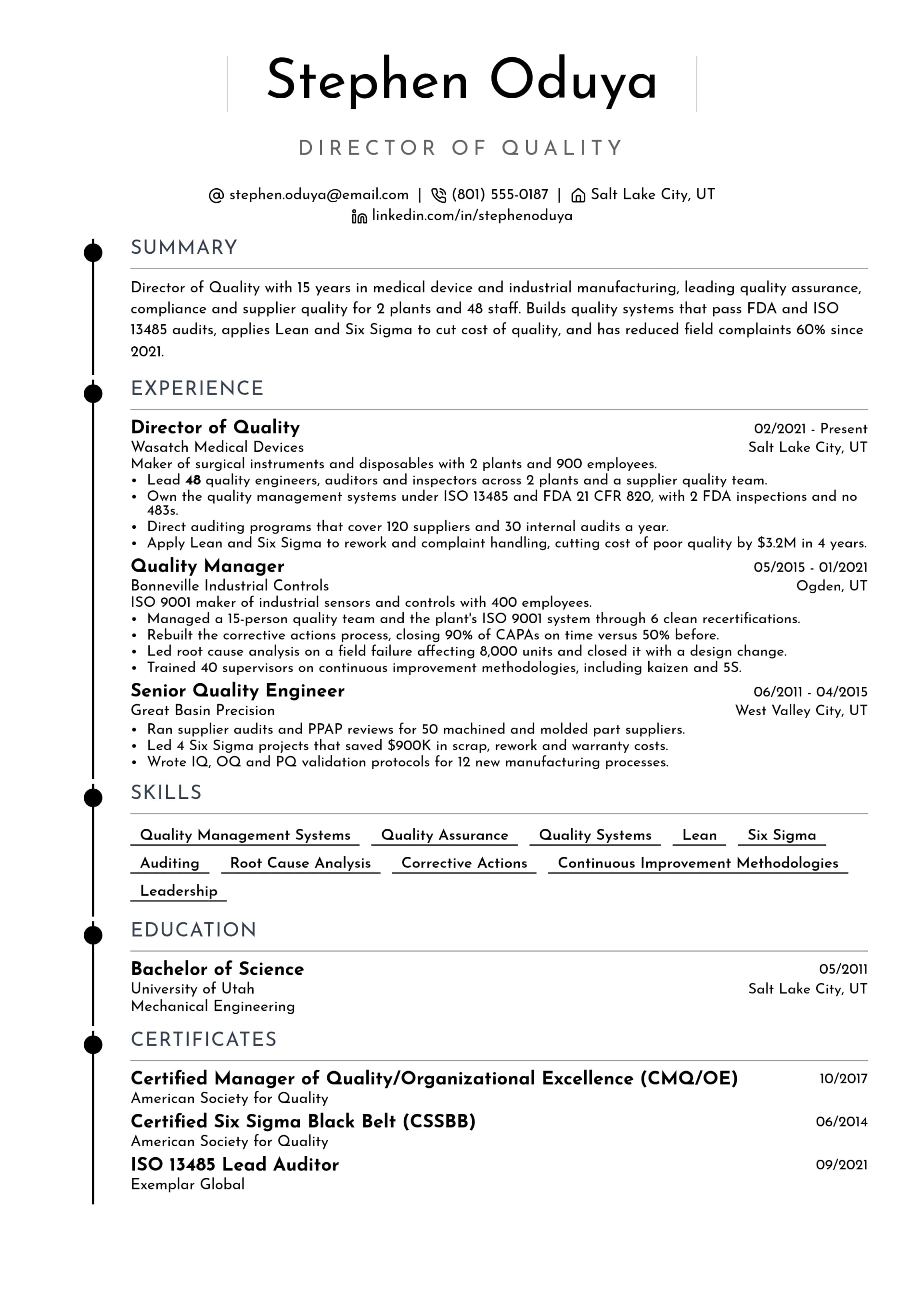 Director of Quality resume example