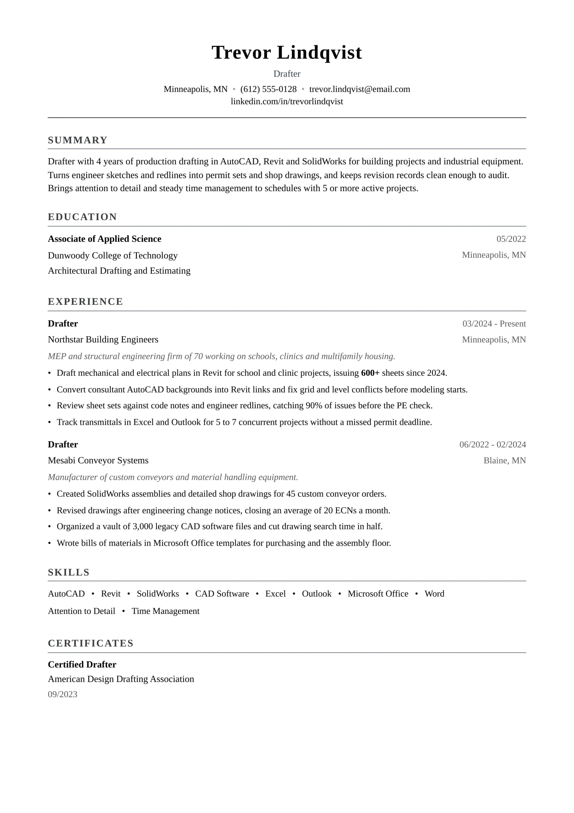 Drafter resume example