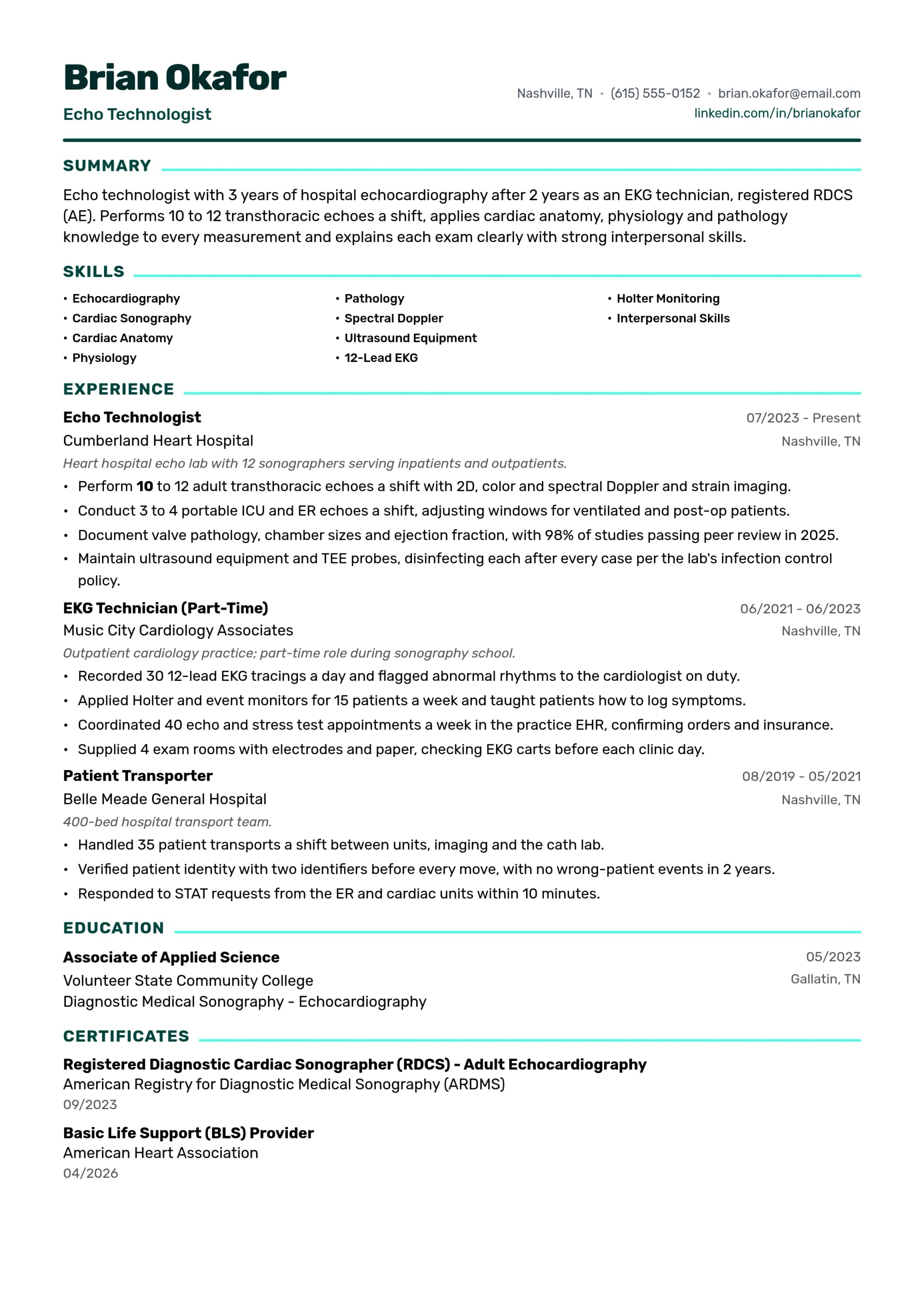 Echo Technologist resume example