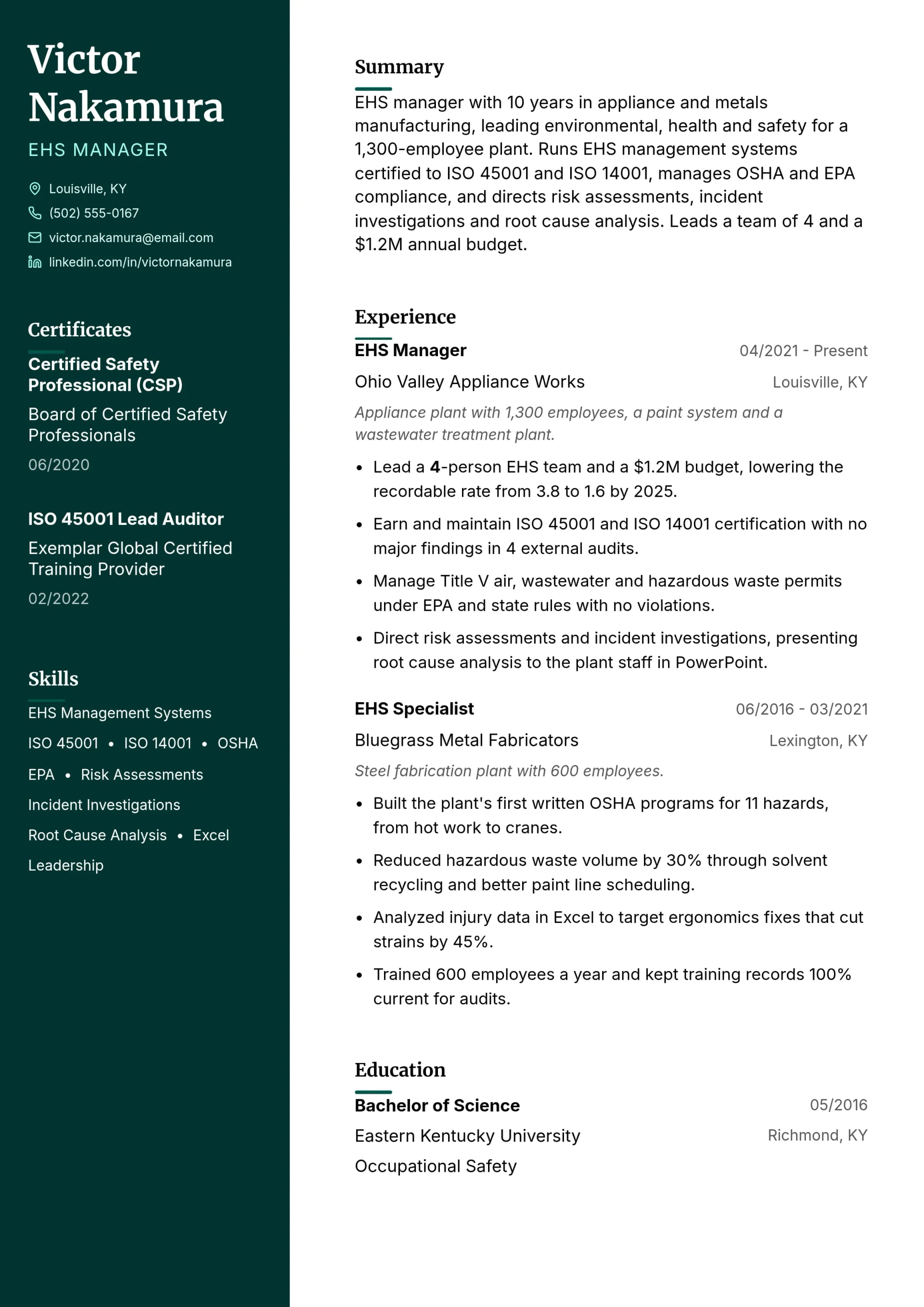 EHS Manager resume example