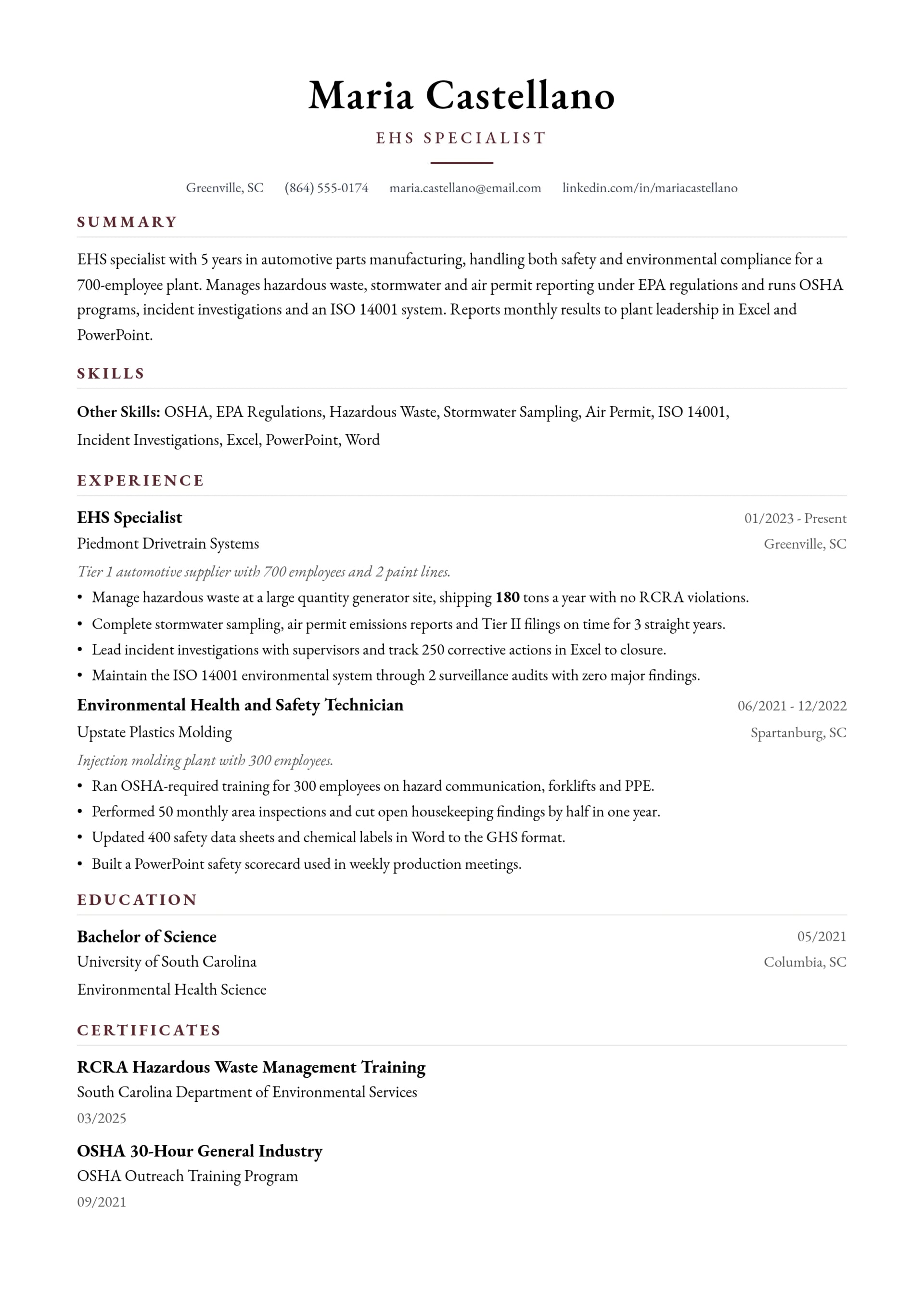 EHS Specialist resume example