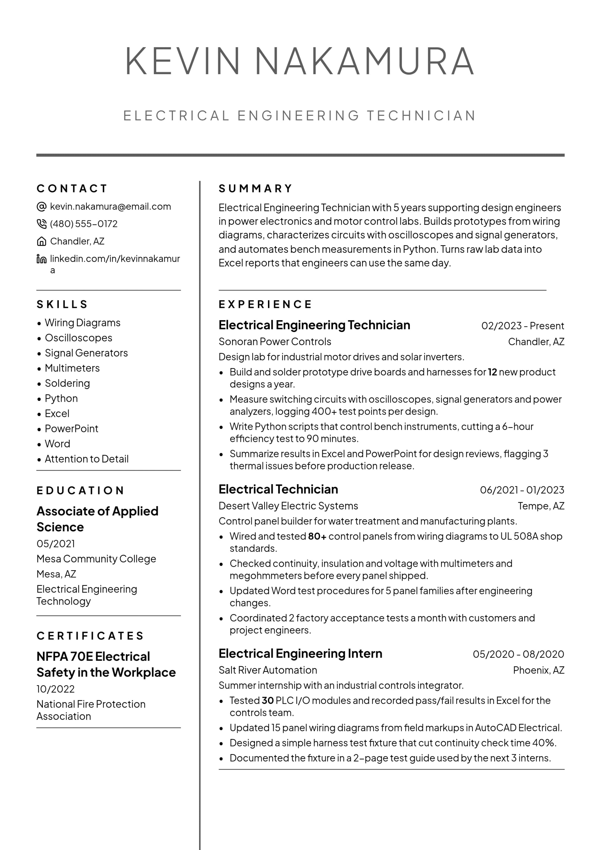 Electrical Engineering Technician resume example