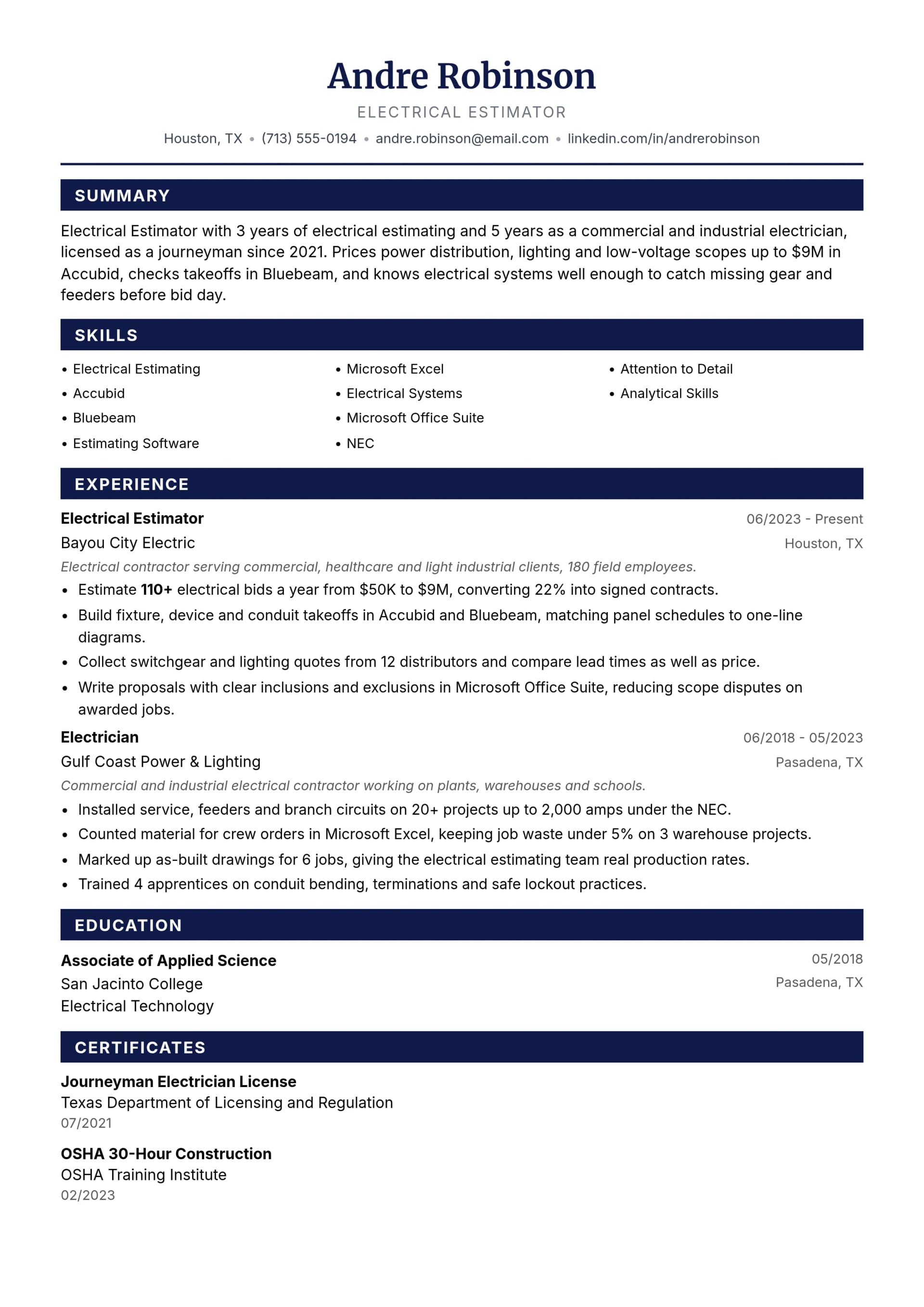 Electrical Estimator resume example