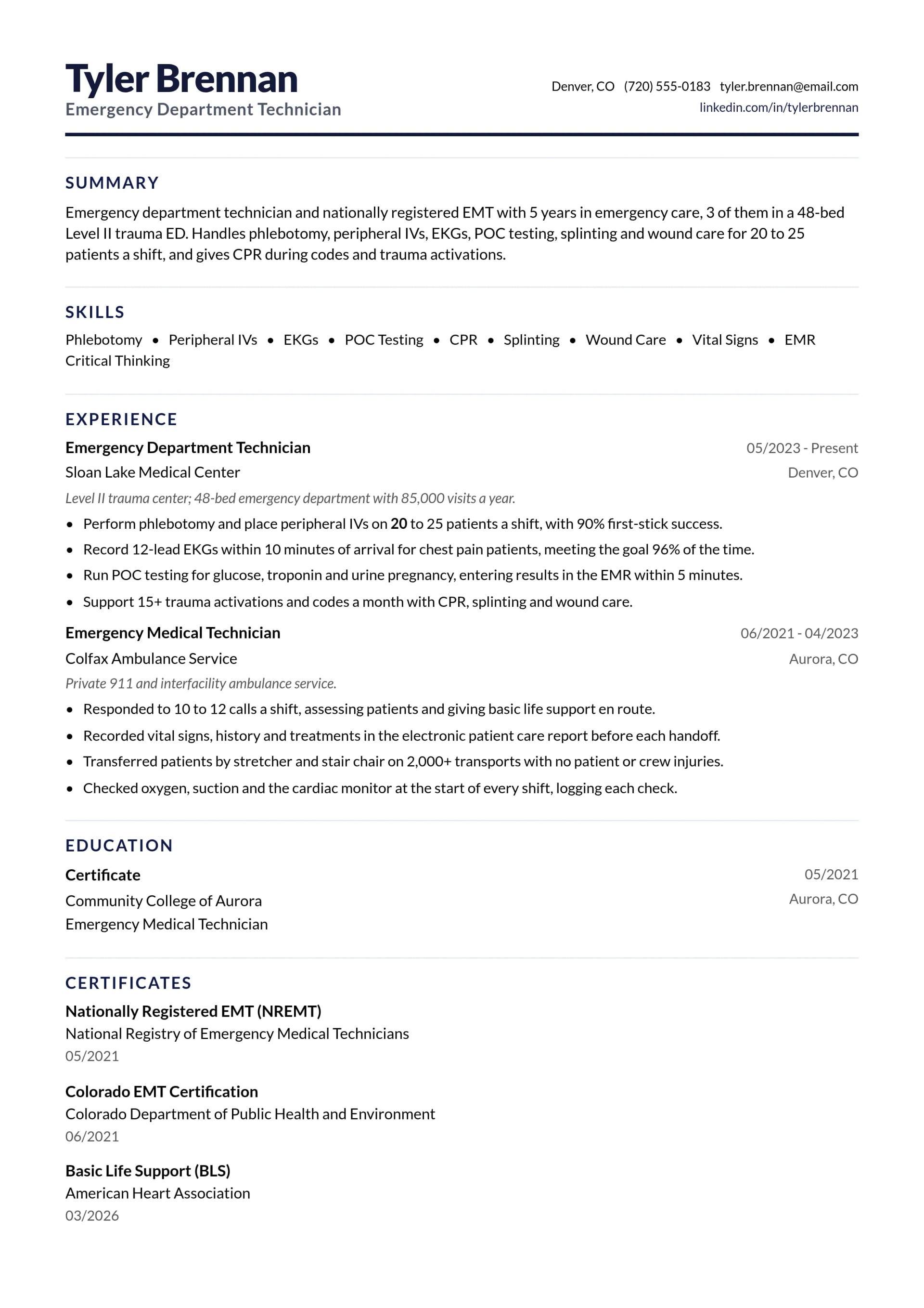 Emergency Department Technician resume example