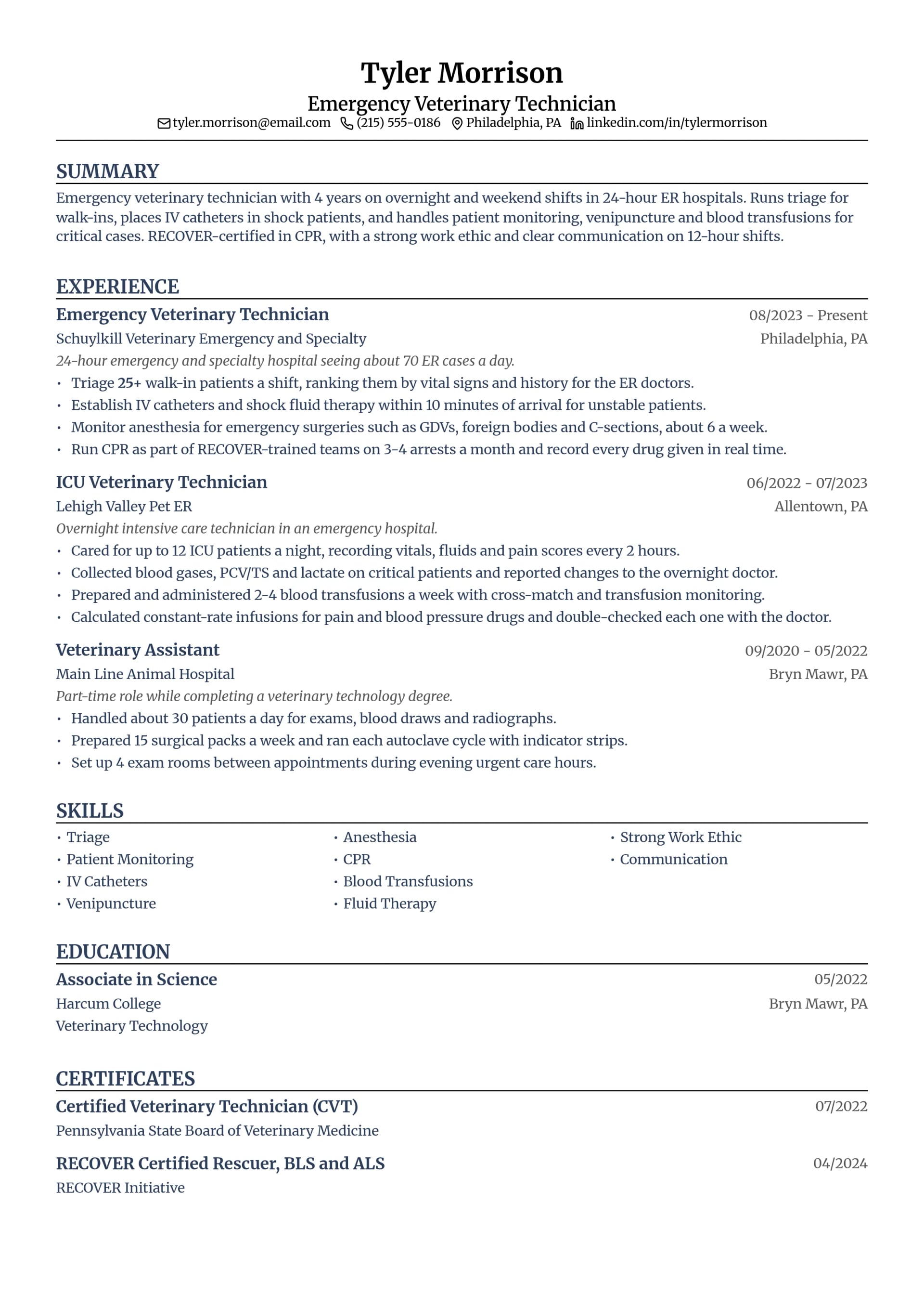 Emergency Veterinary Technician resume example