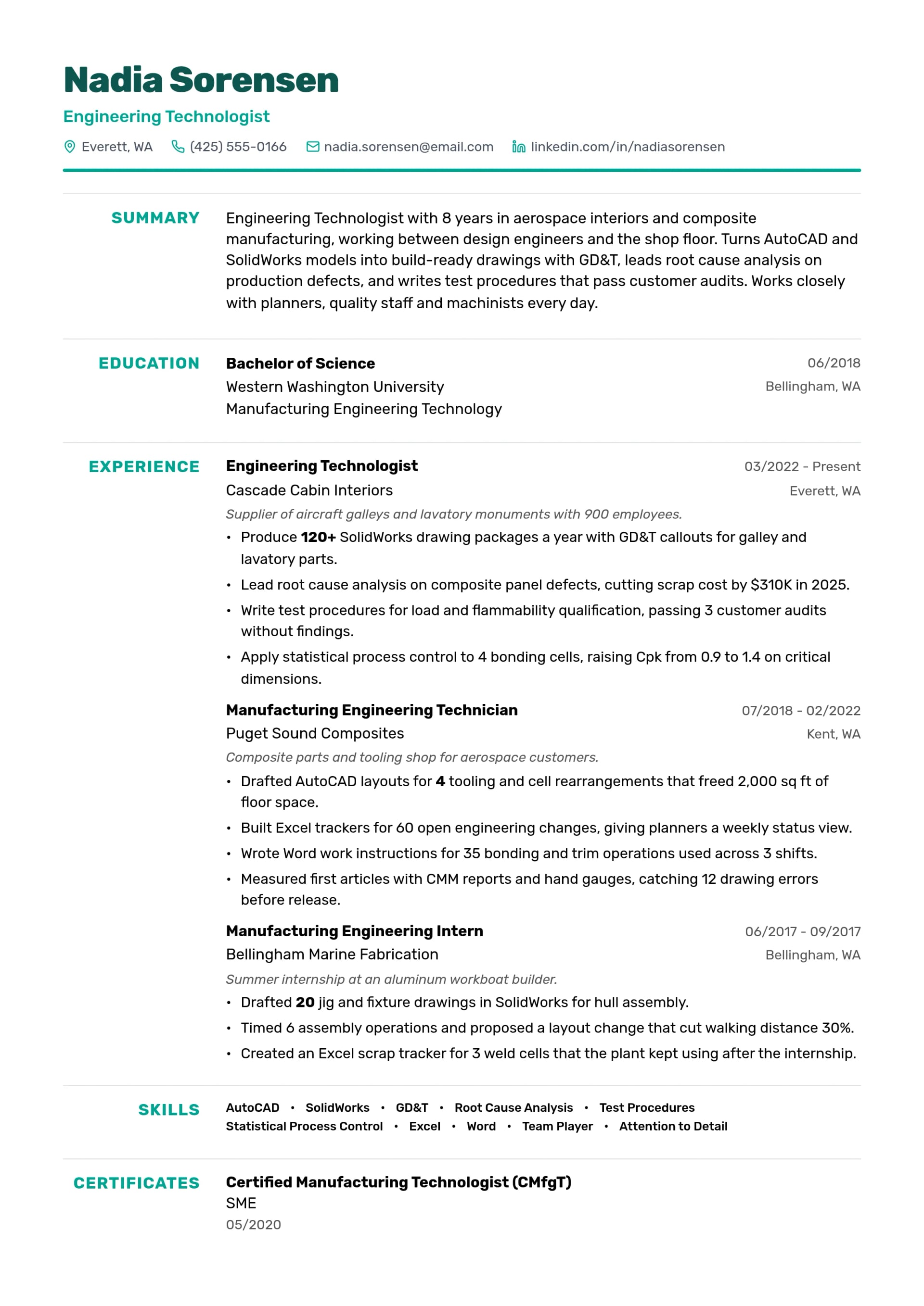 Engineering Technologist resume example