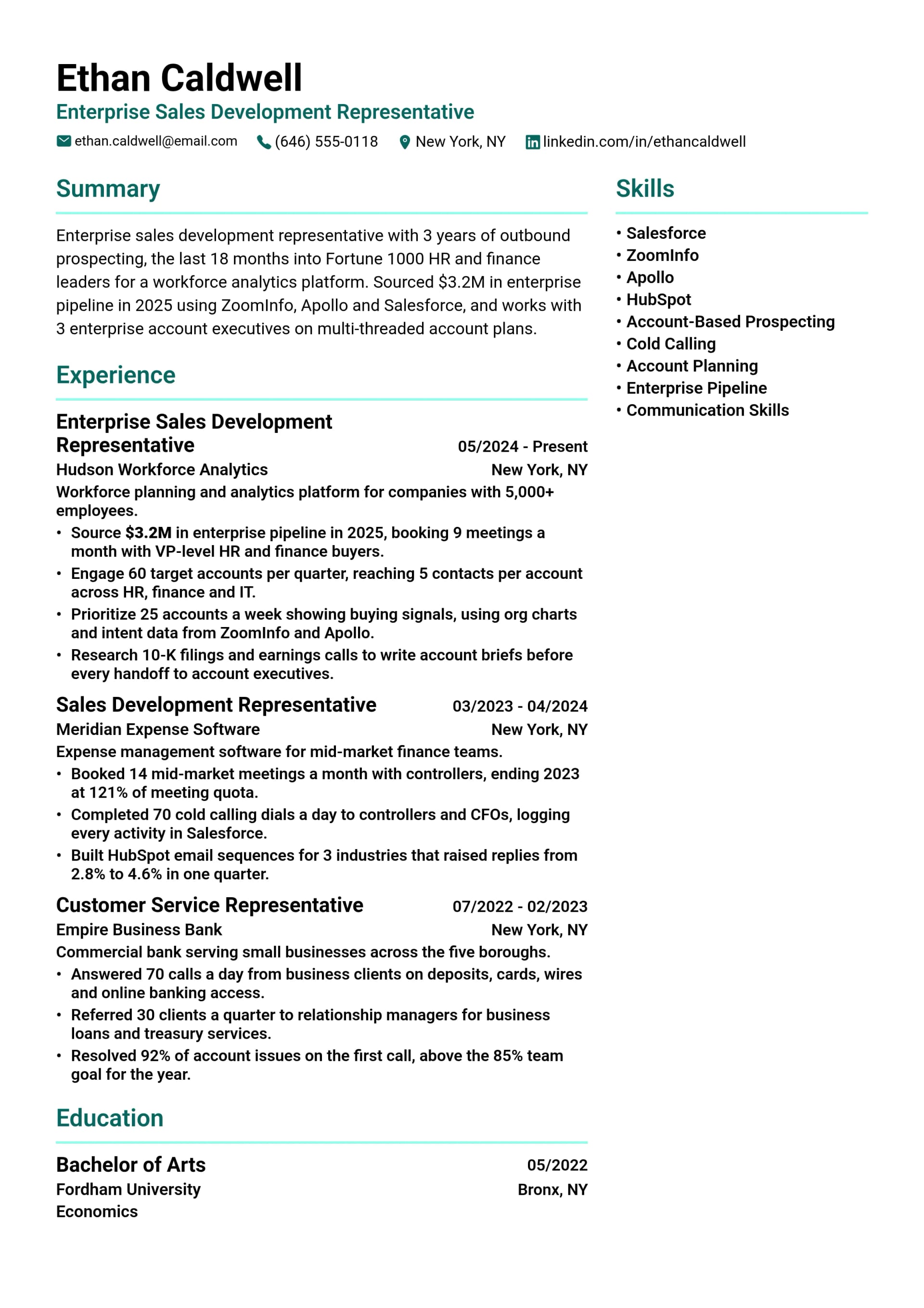 Enterprise Sales Development Representative resume example