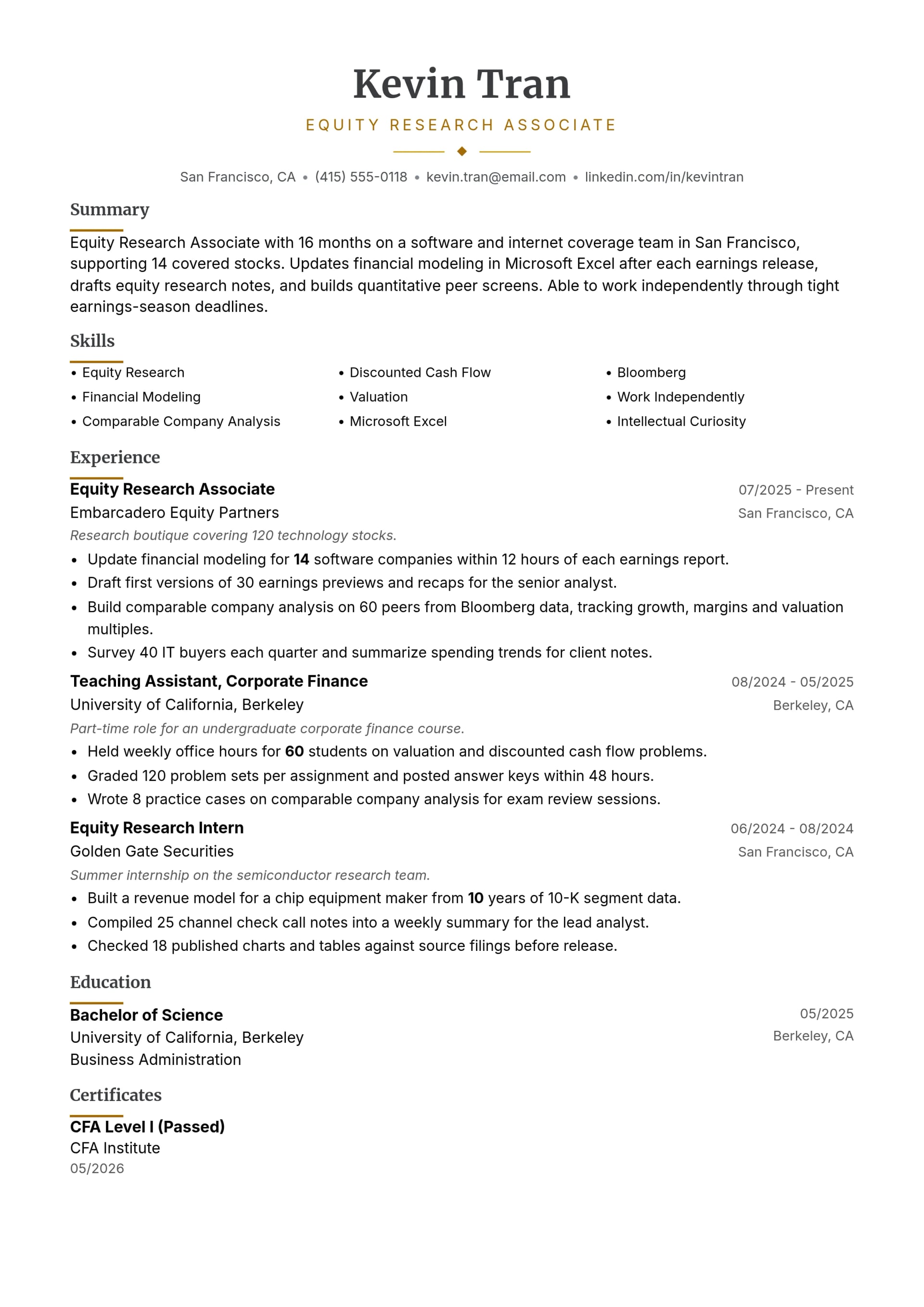 Equity Research Associate resume example