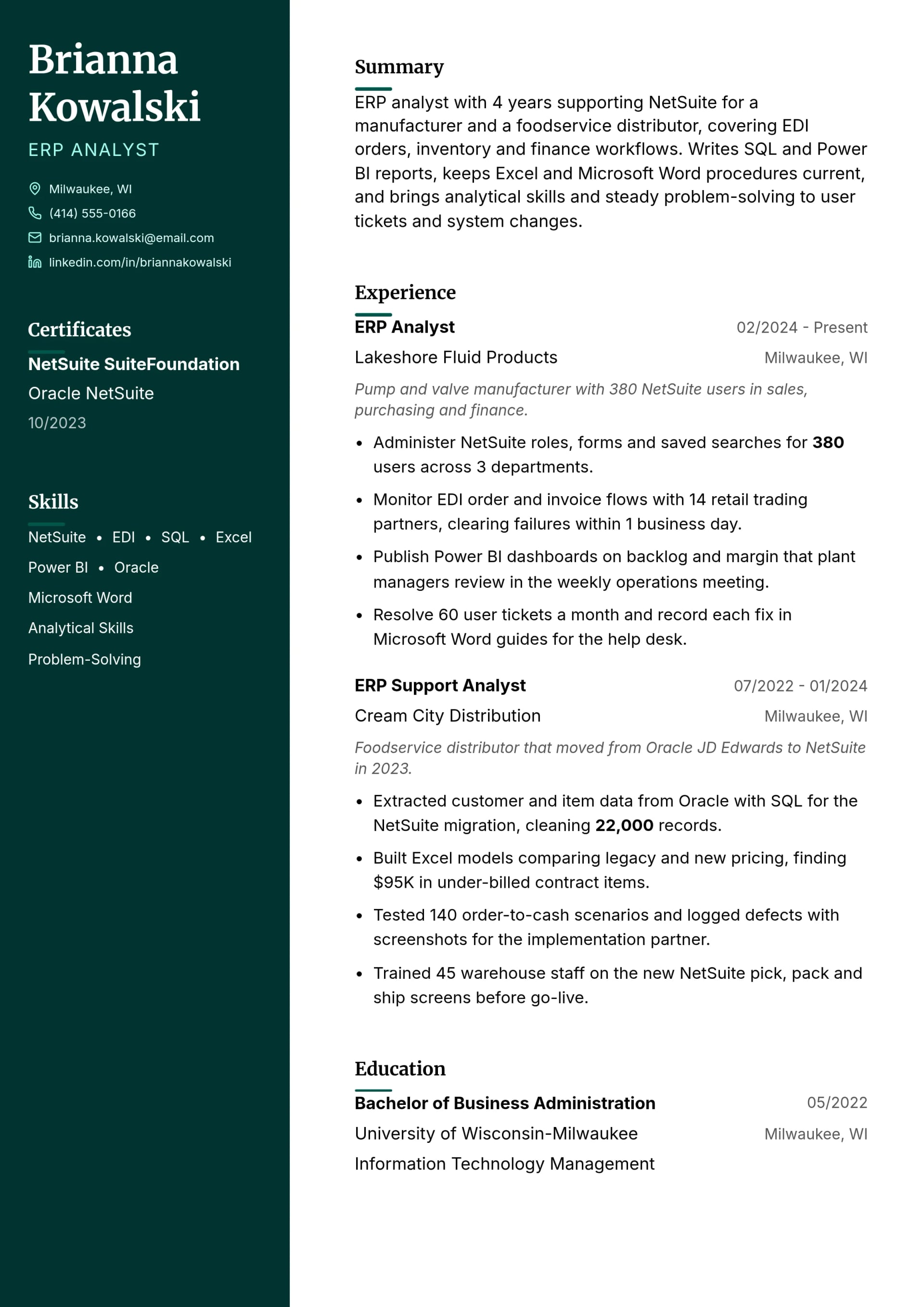 ERP Analyst resume example