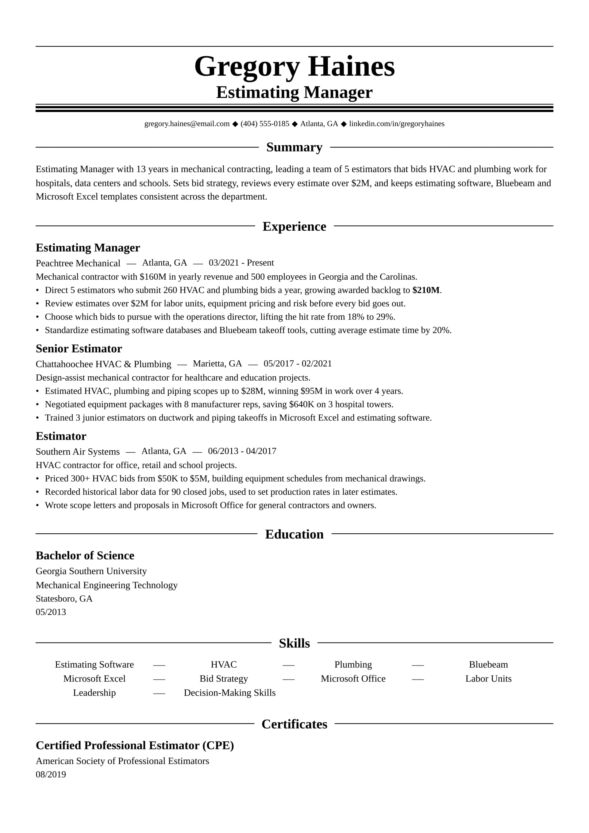 Estimating Manager resume example