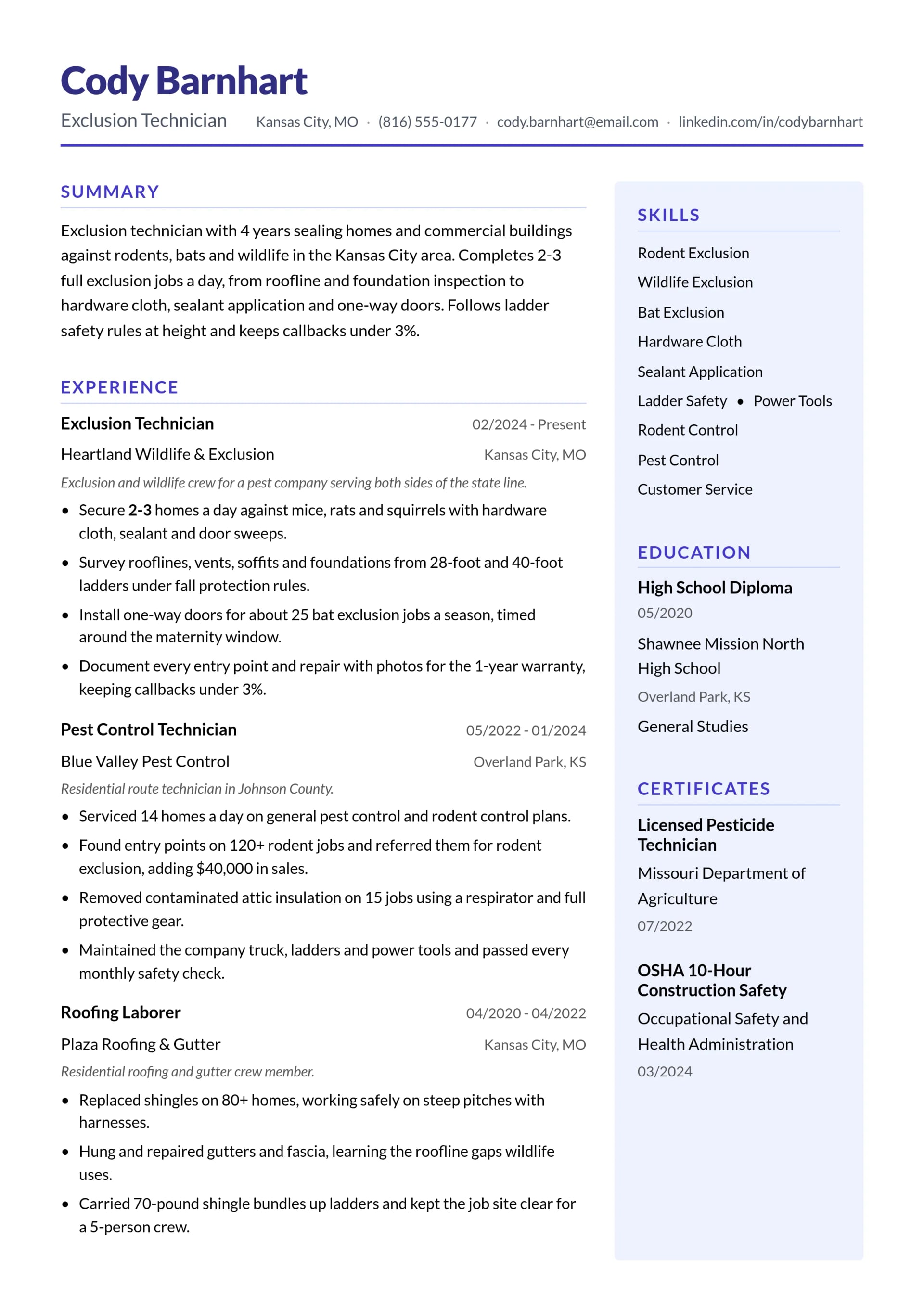 Exclusion Technician resume example