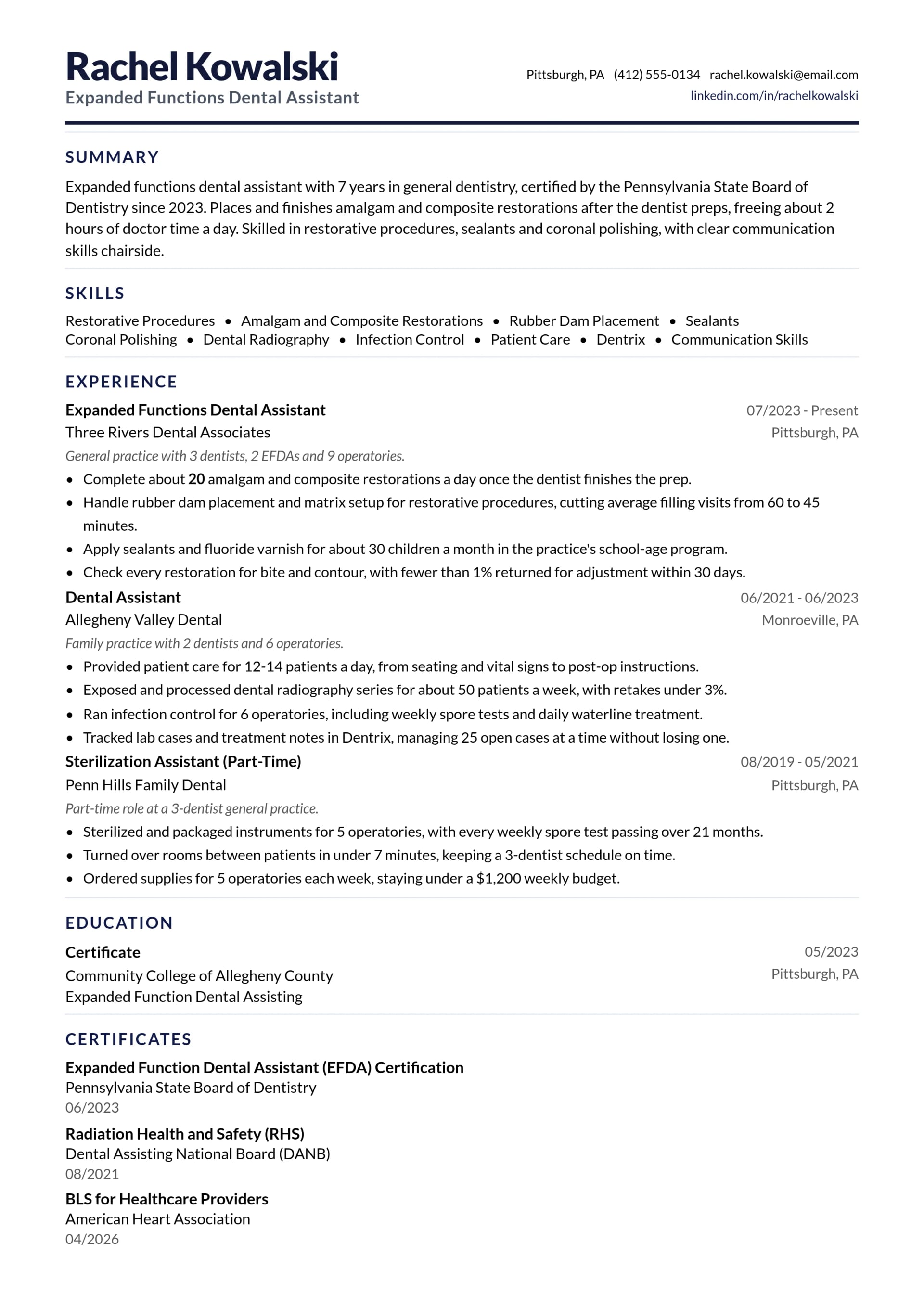 Expanded Functions Dental Assistant resume example