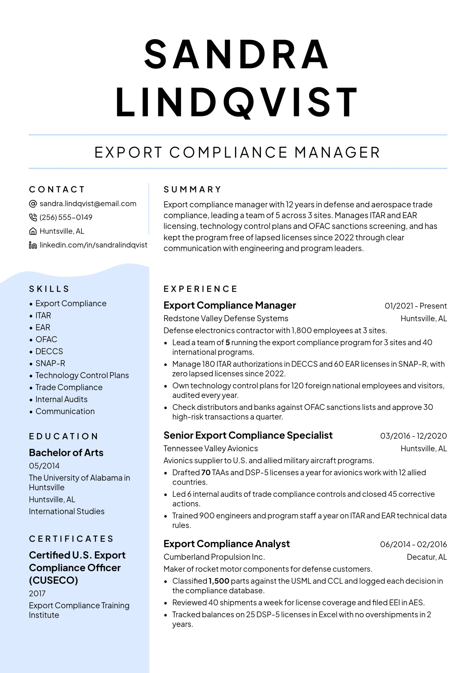Export Compliance Manager resume example