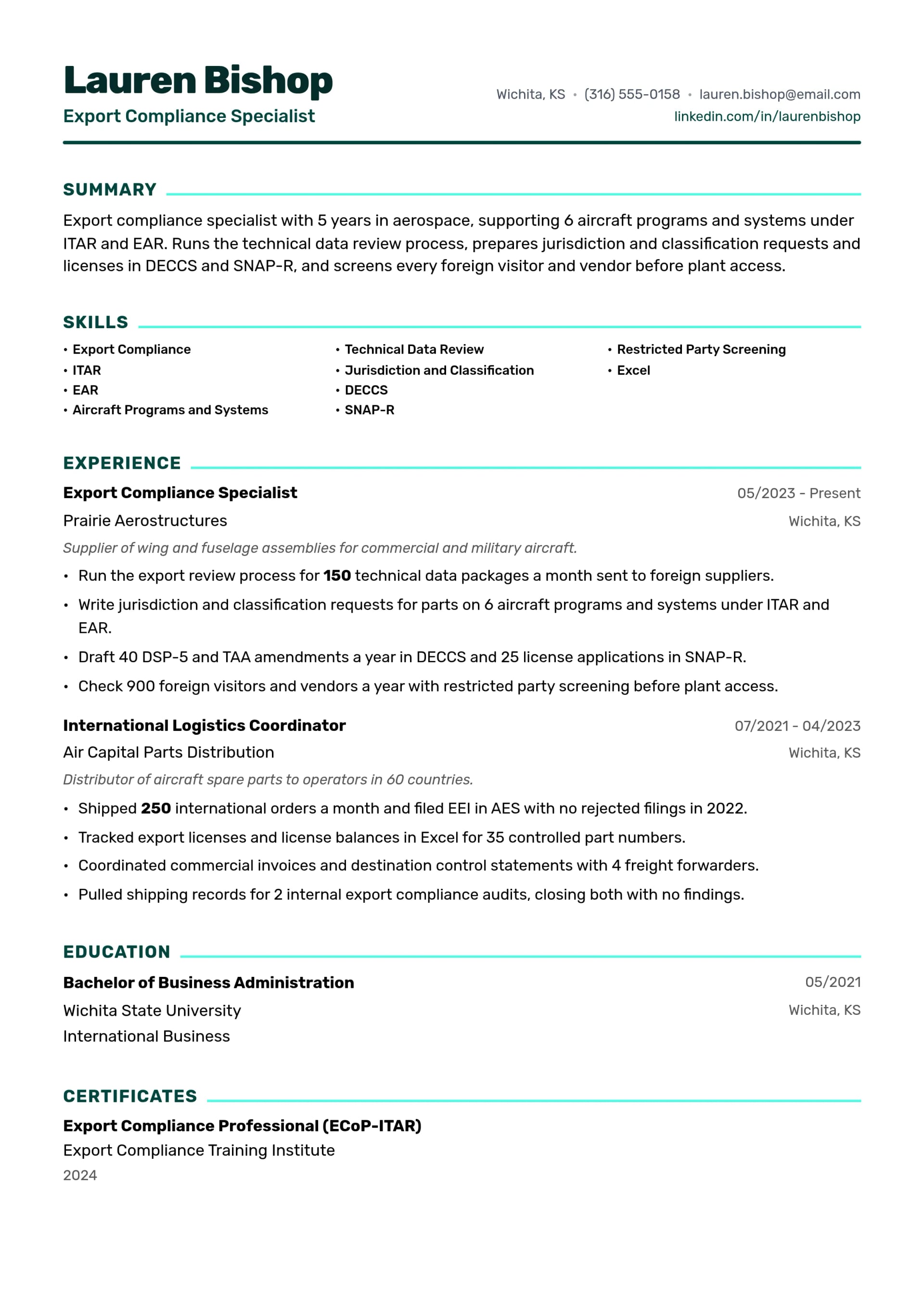 Export Compliance Specialist resume example