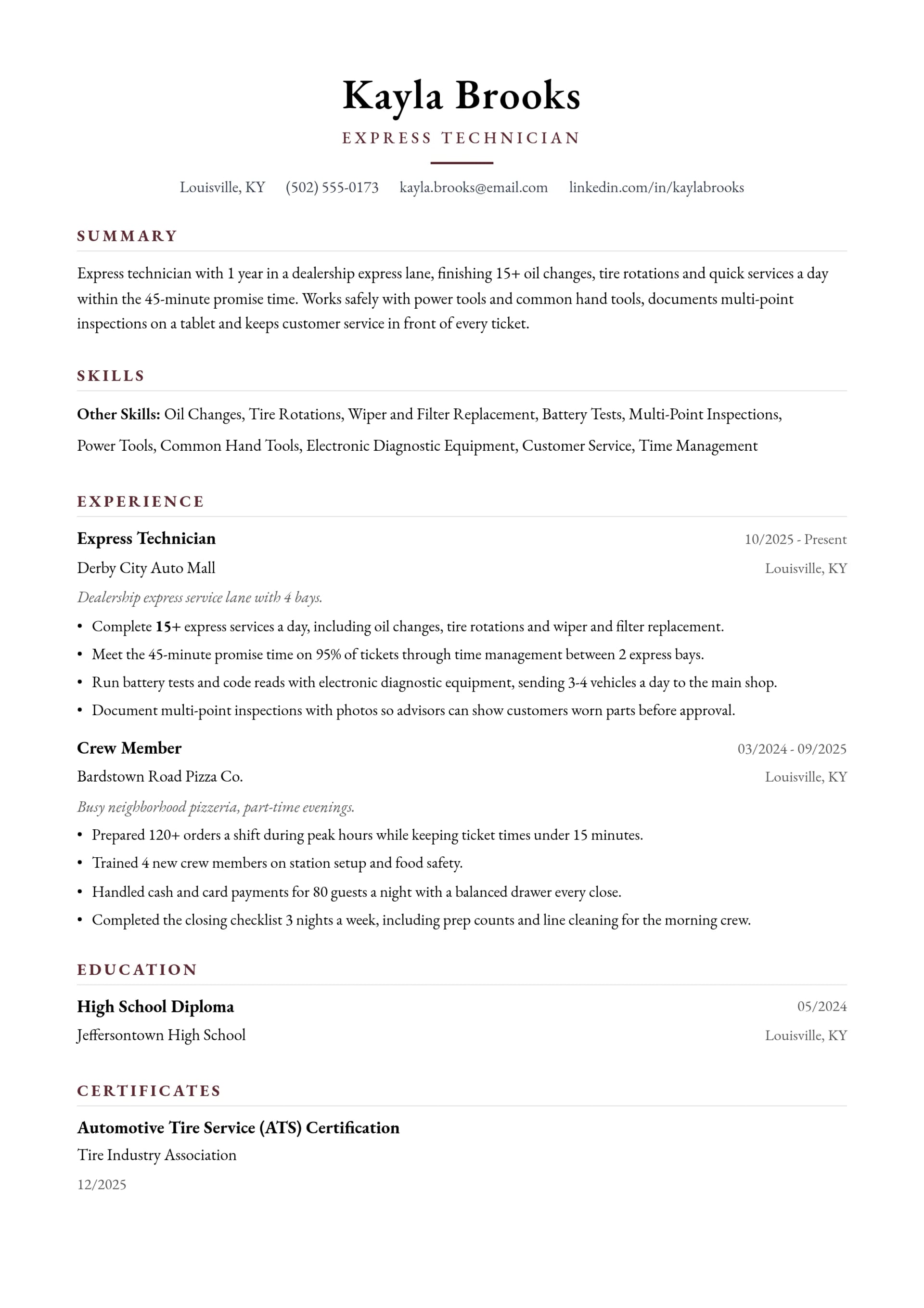 Express Technician resume example