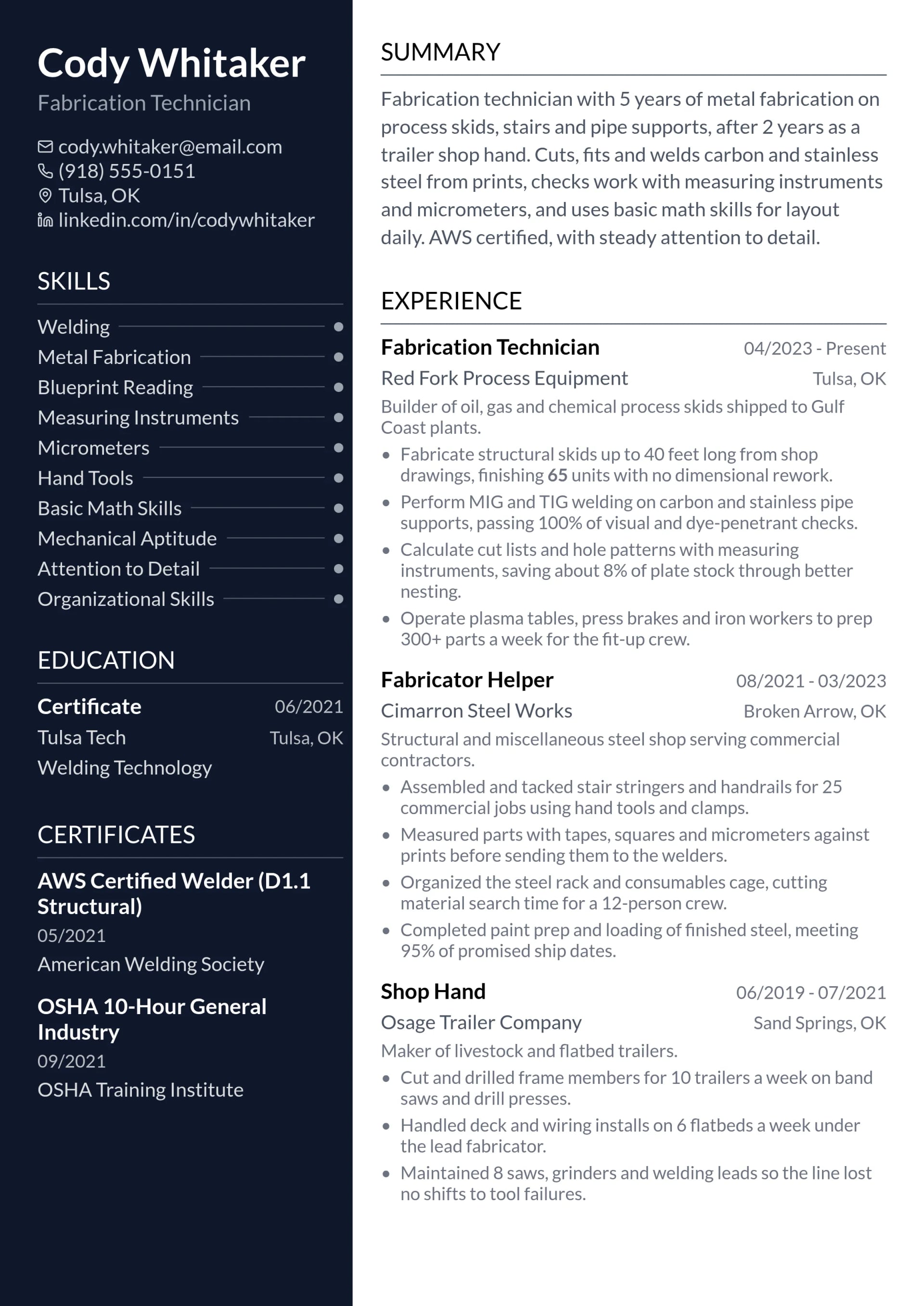 Fabrication Technician resume example