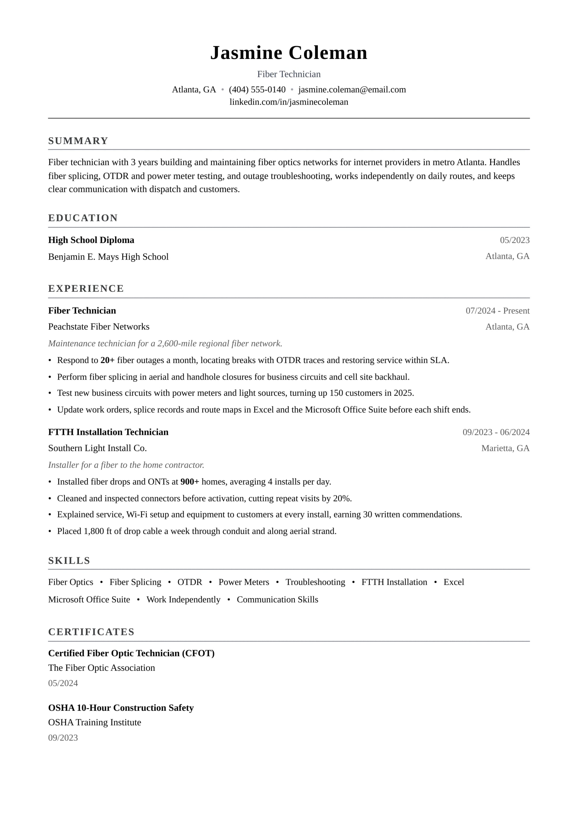 Fiber Technician resume example