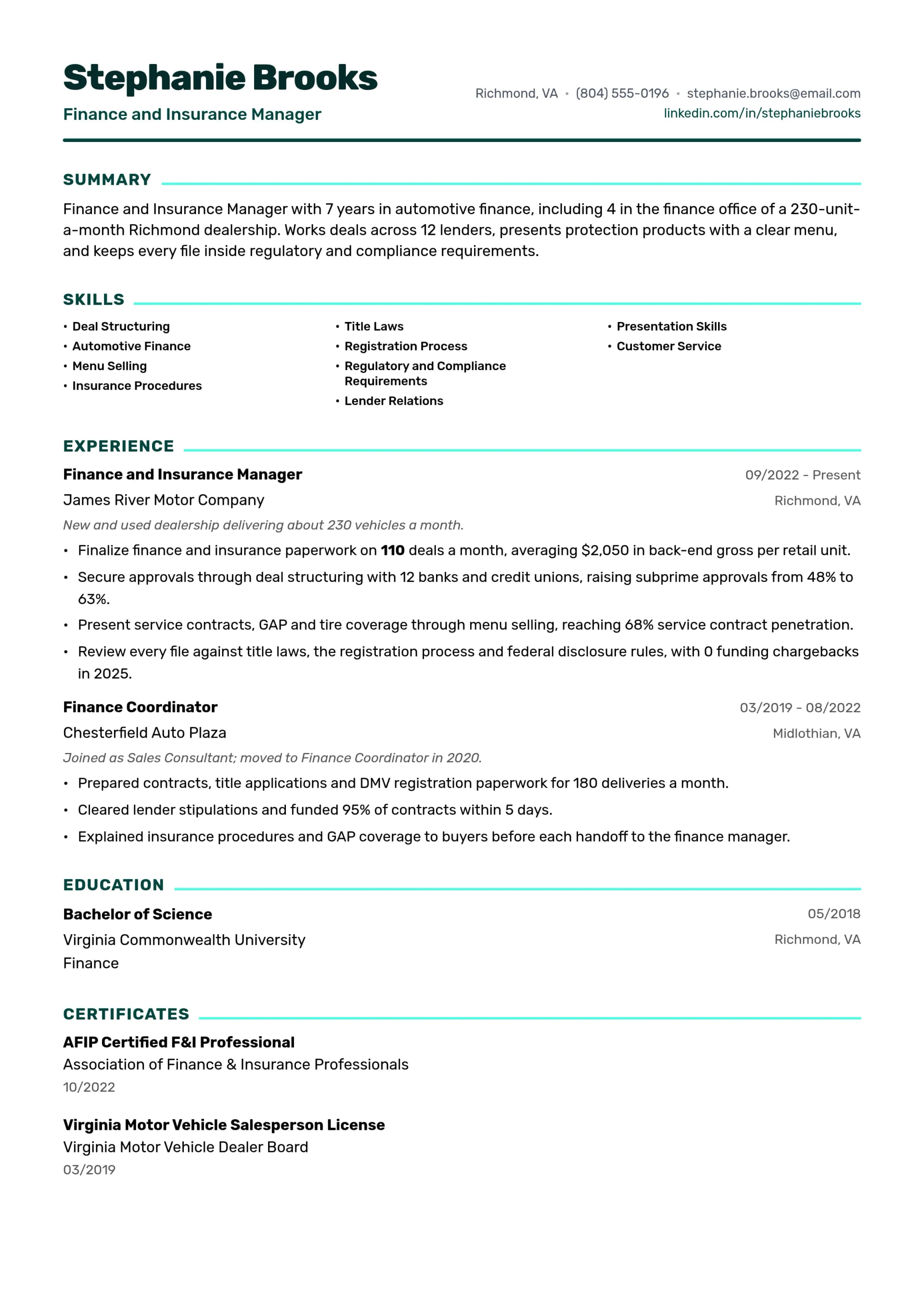 Finance and Insurance Manager resume example