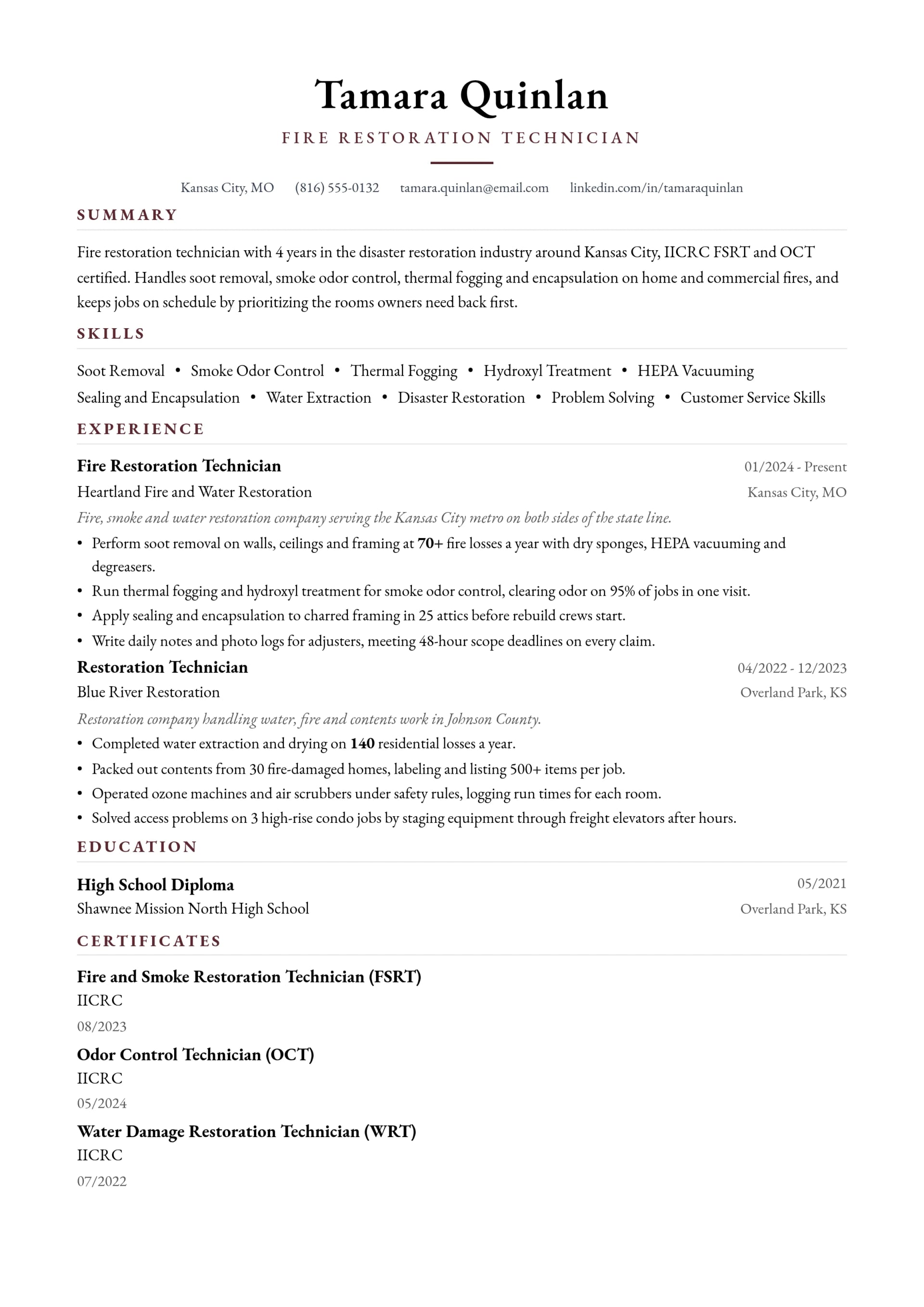 Fire Restoration Technician resume example