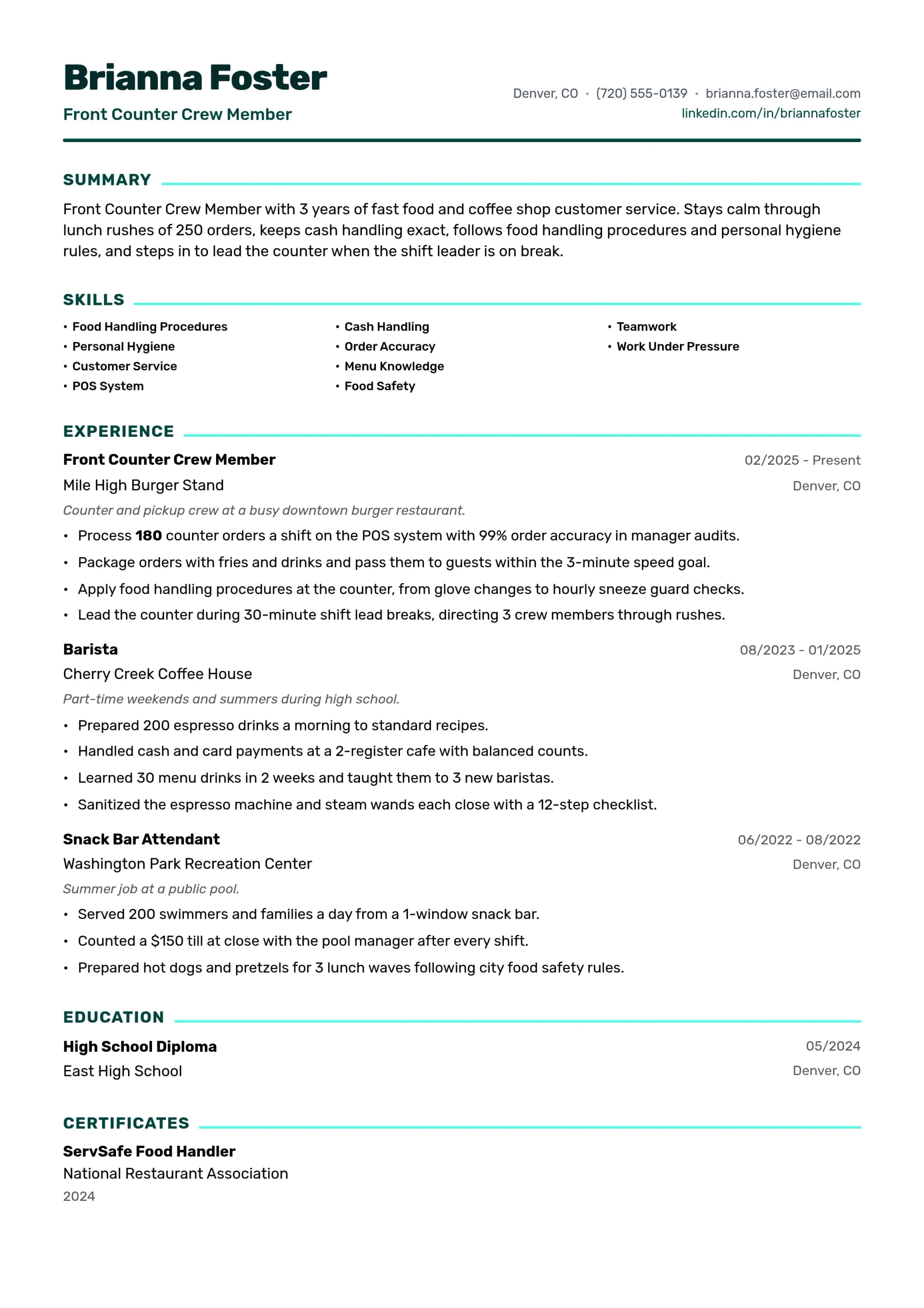 Front Counter Crew Member resume example