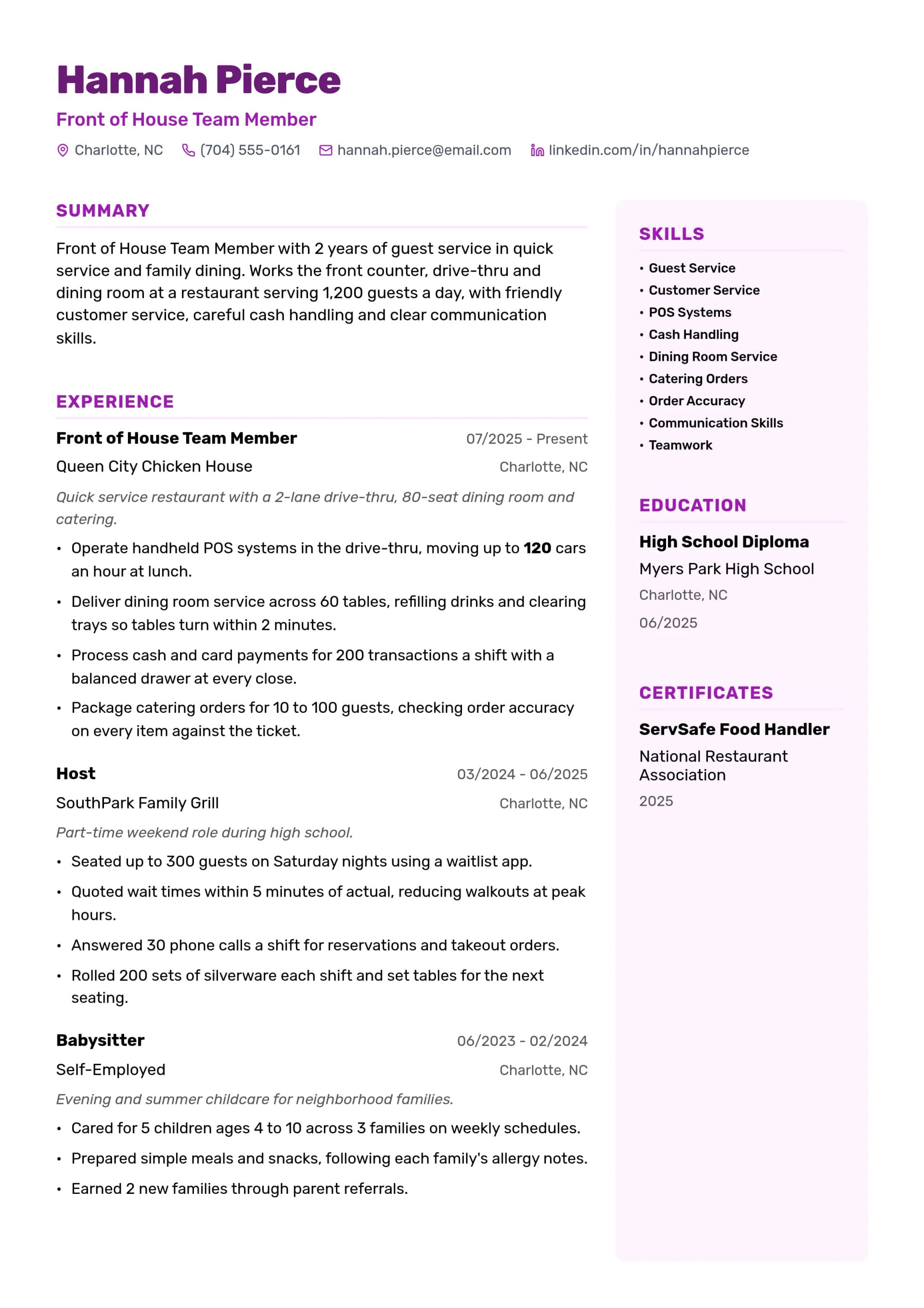 Front of House Team Member resume example