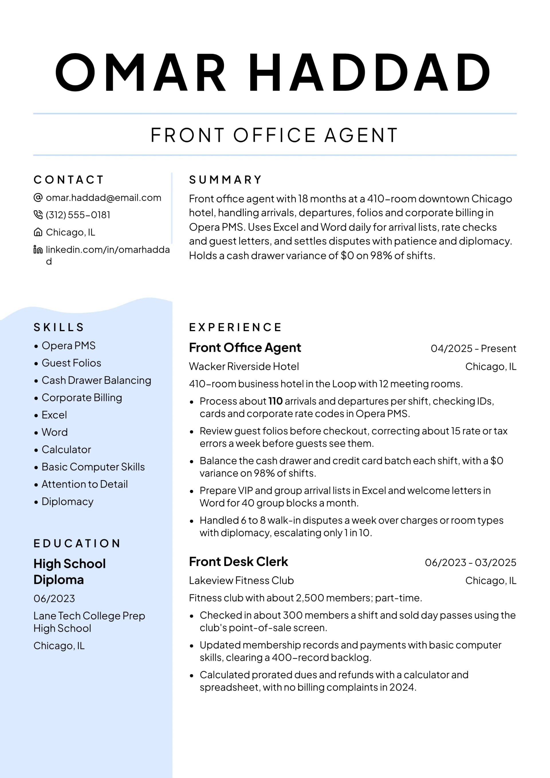 Front Office Agent resume example