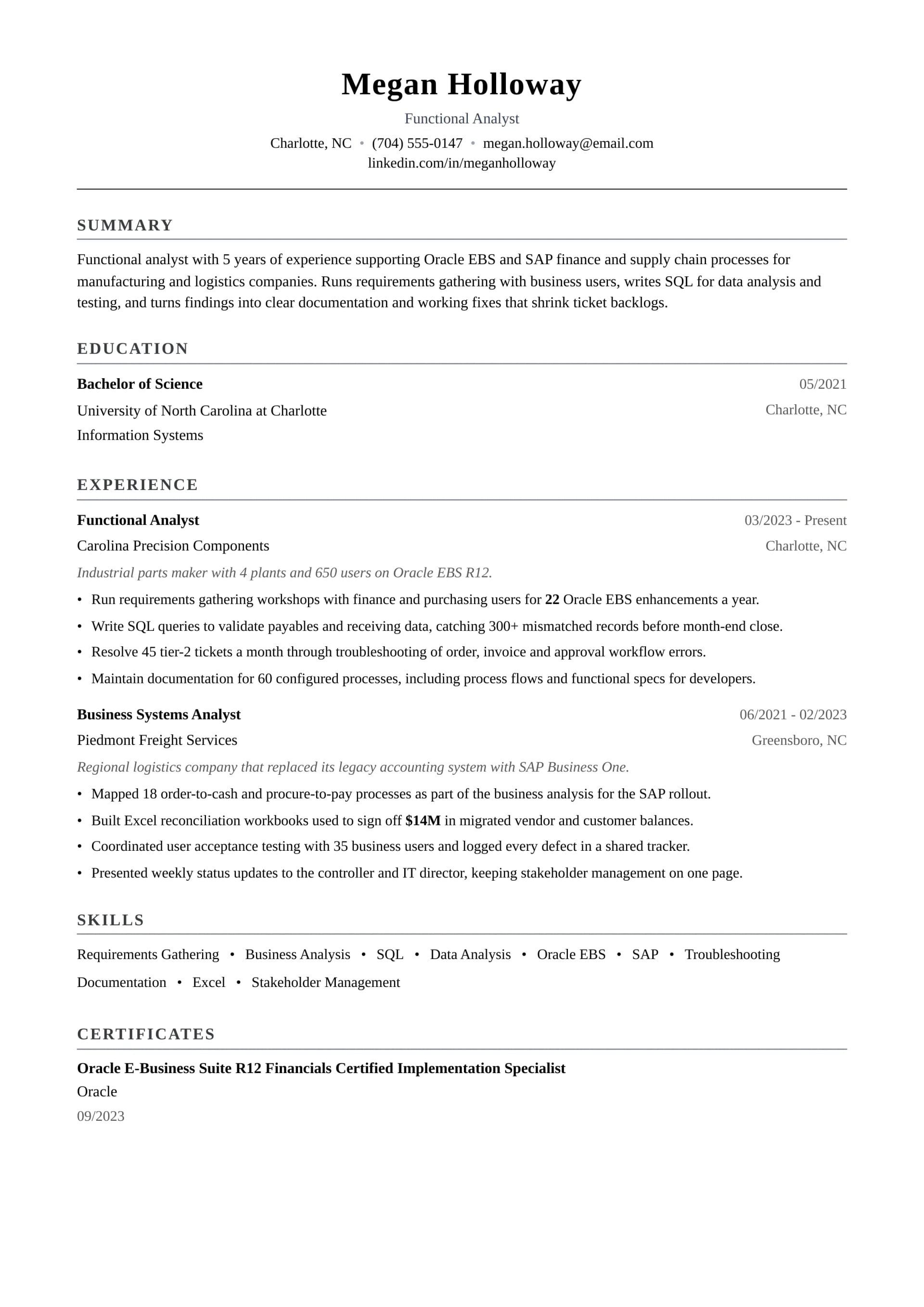 Functional Analyst resume example