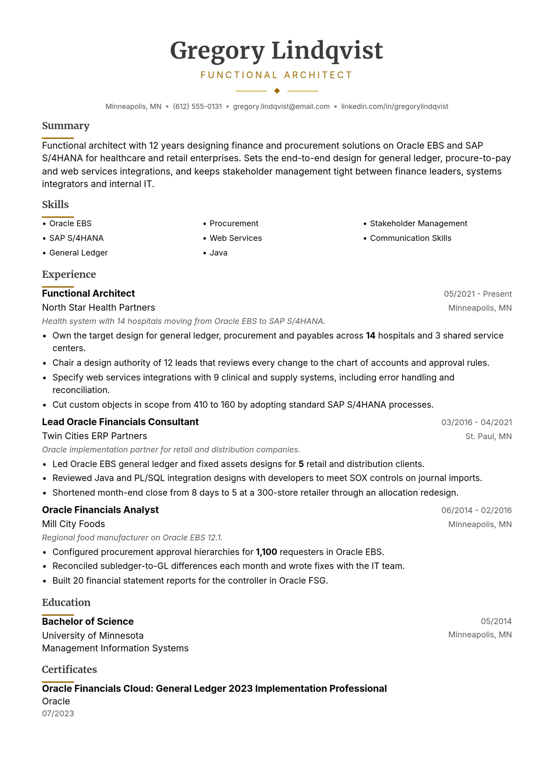 Functional Architect resume example