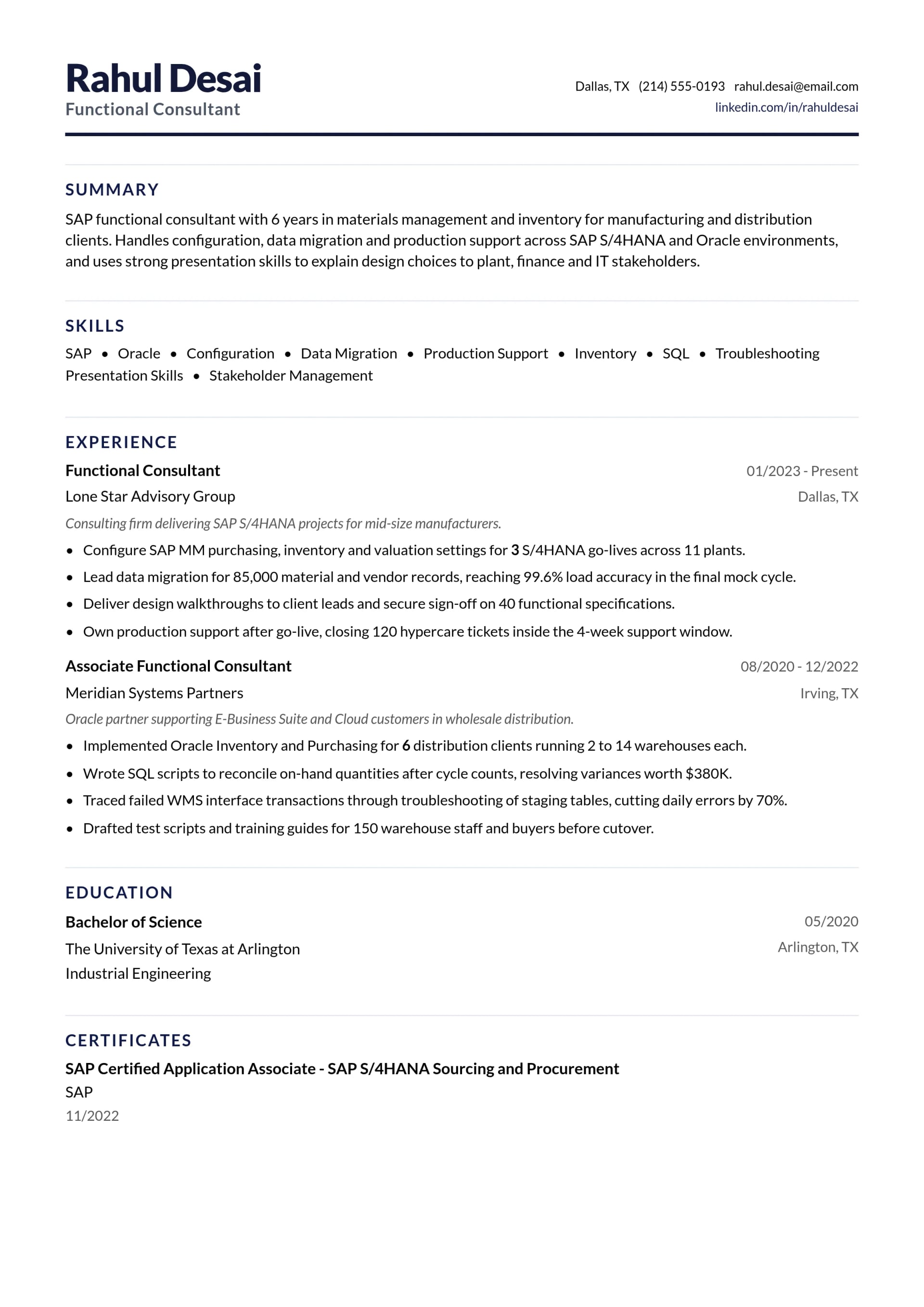 Functional Consultant resume example