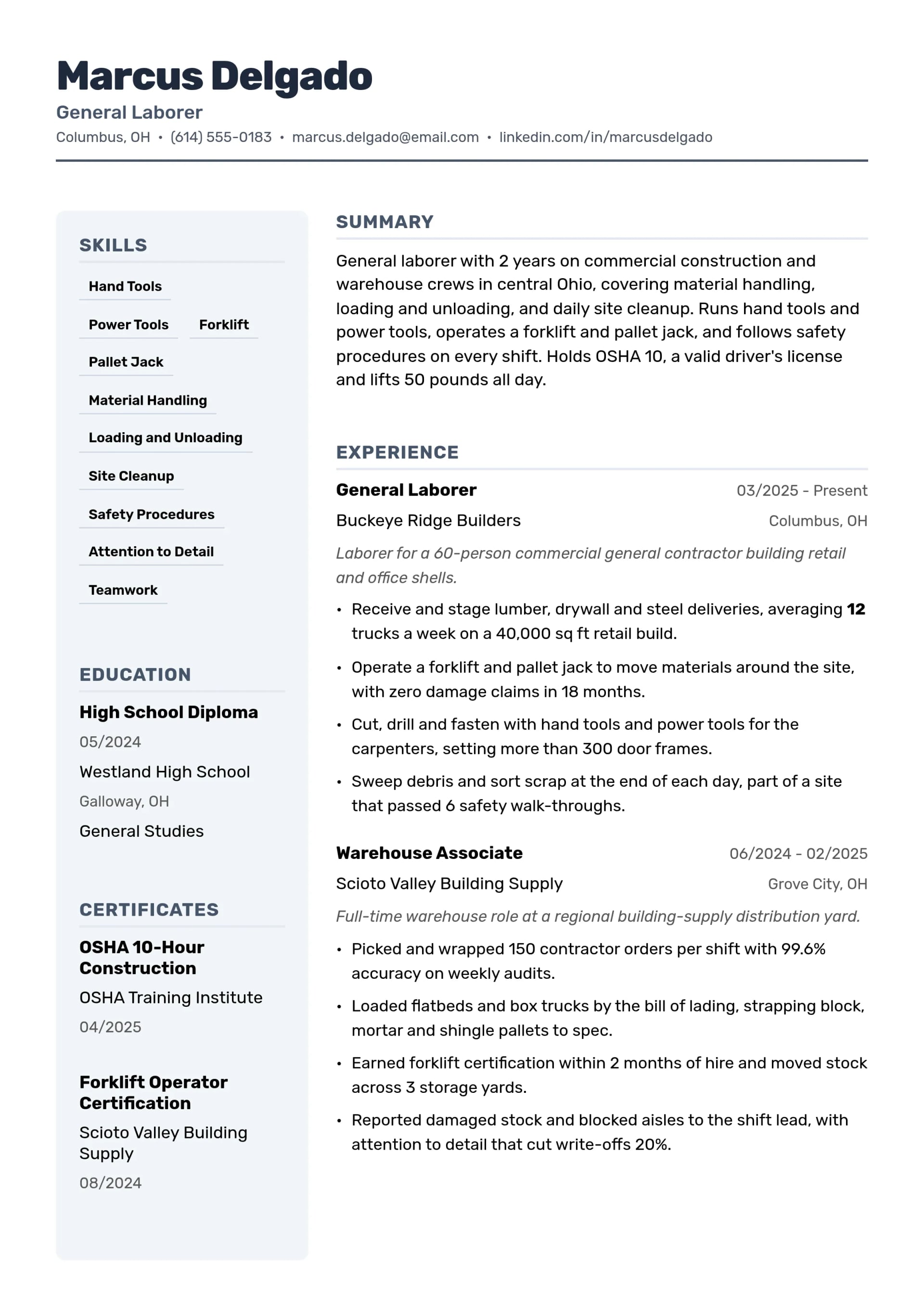 General Laborer resume example