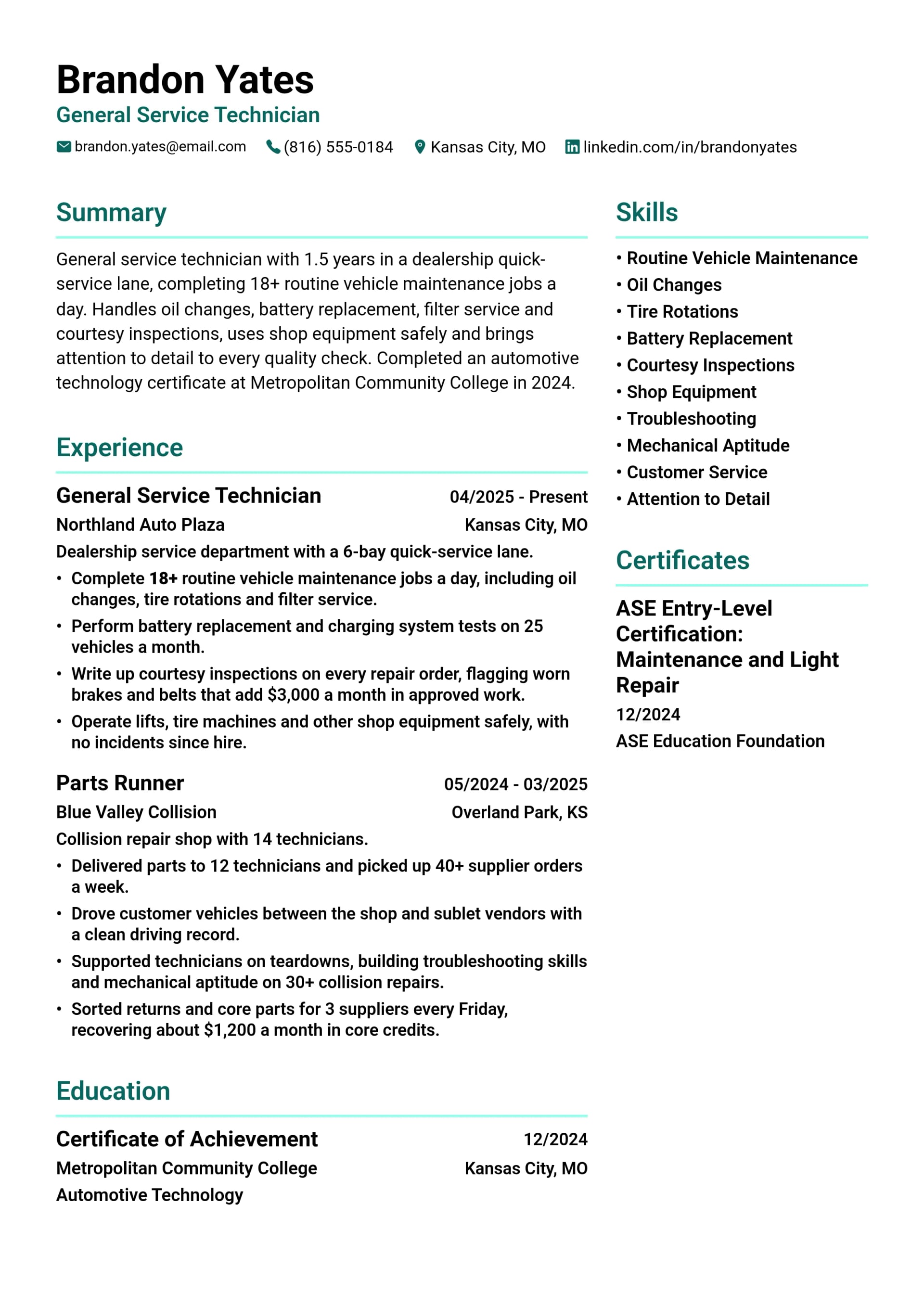 General Service Technician resume example