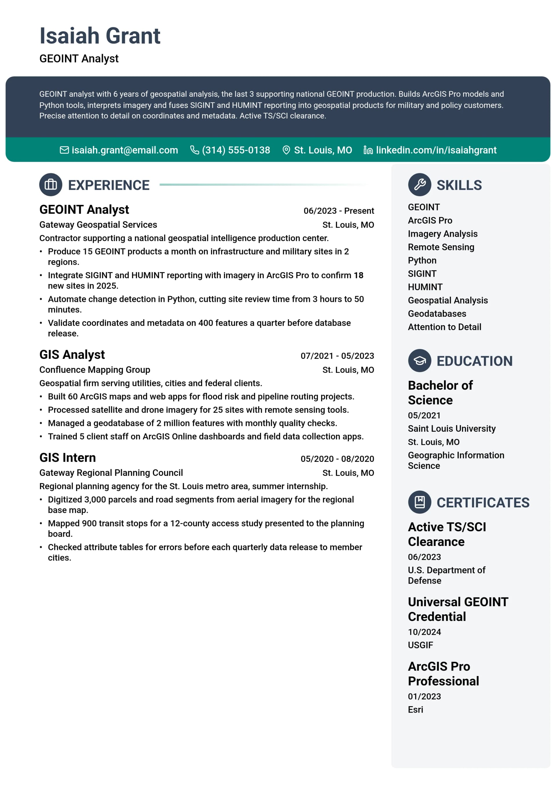 GEOINT Analyst resume example