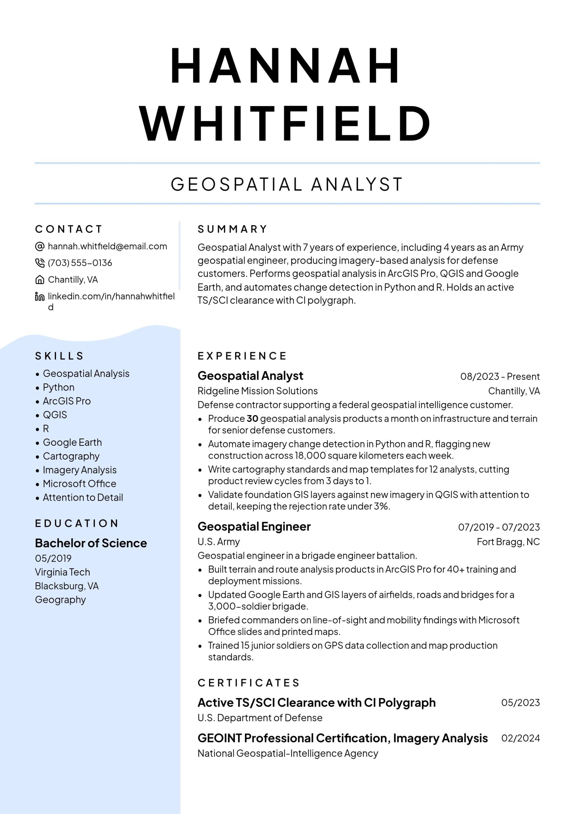 Geospatial Analyst resume example