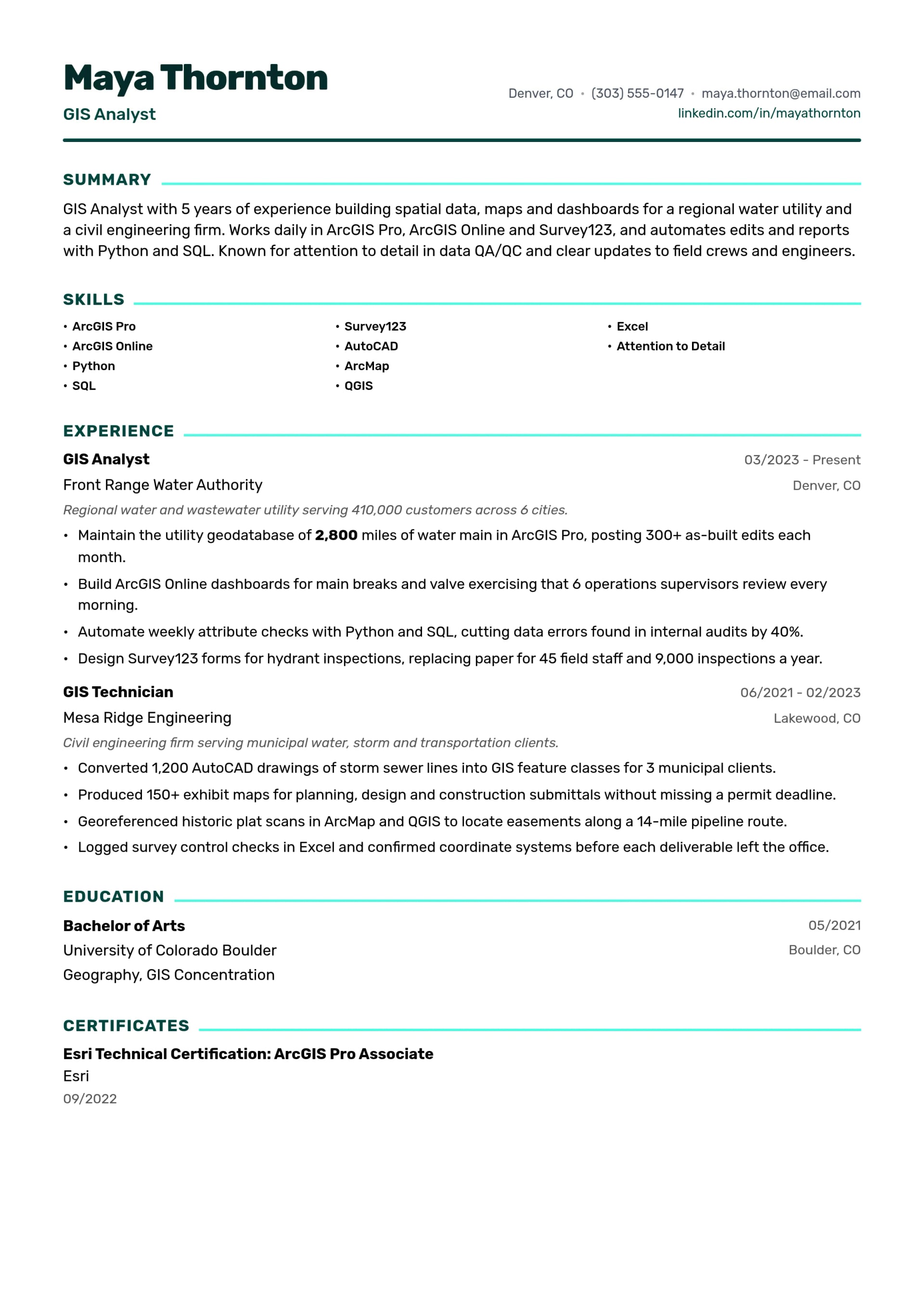 GIS Analyst resume example