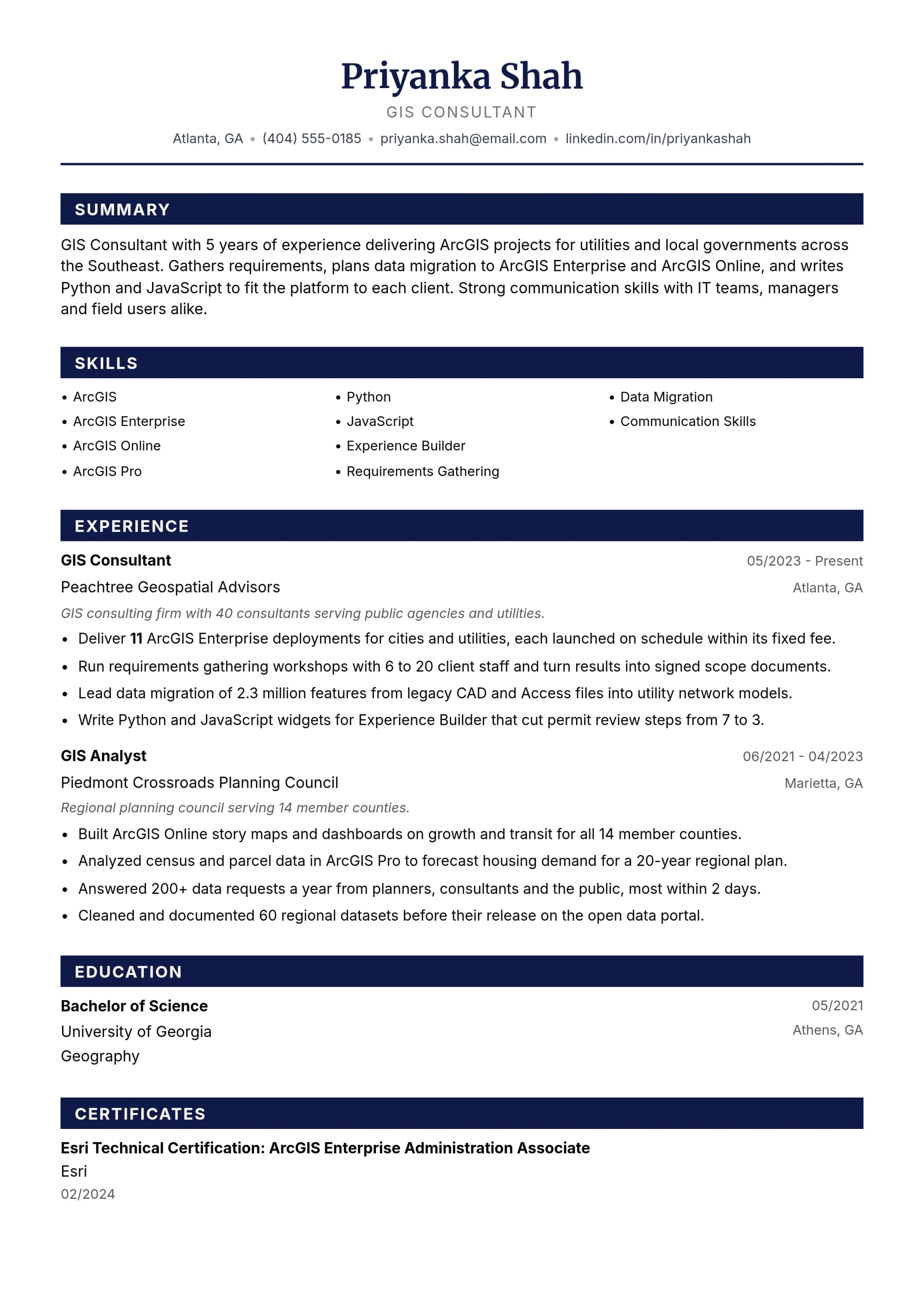 GIS Consultant resume example