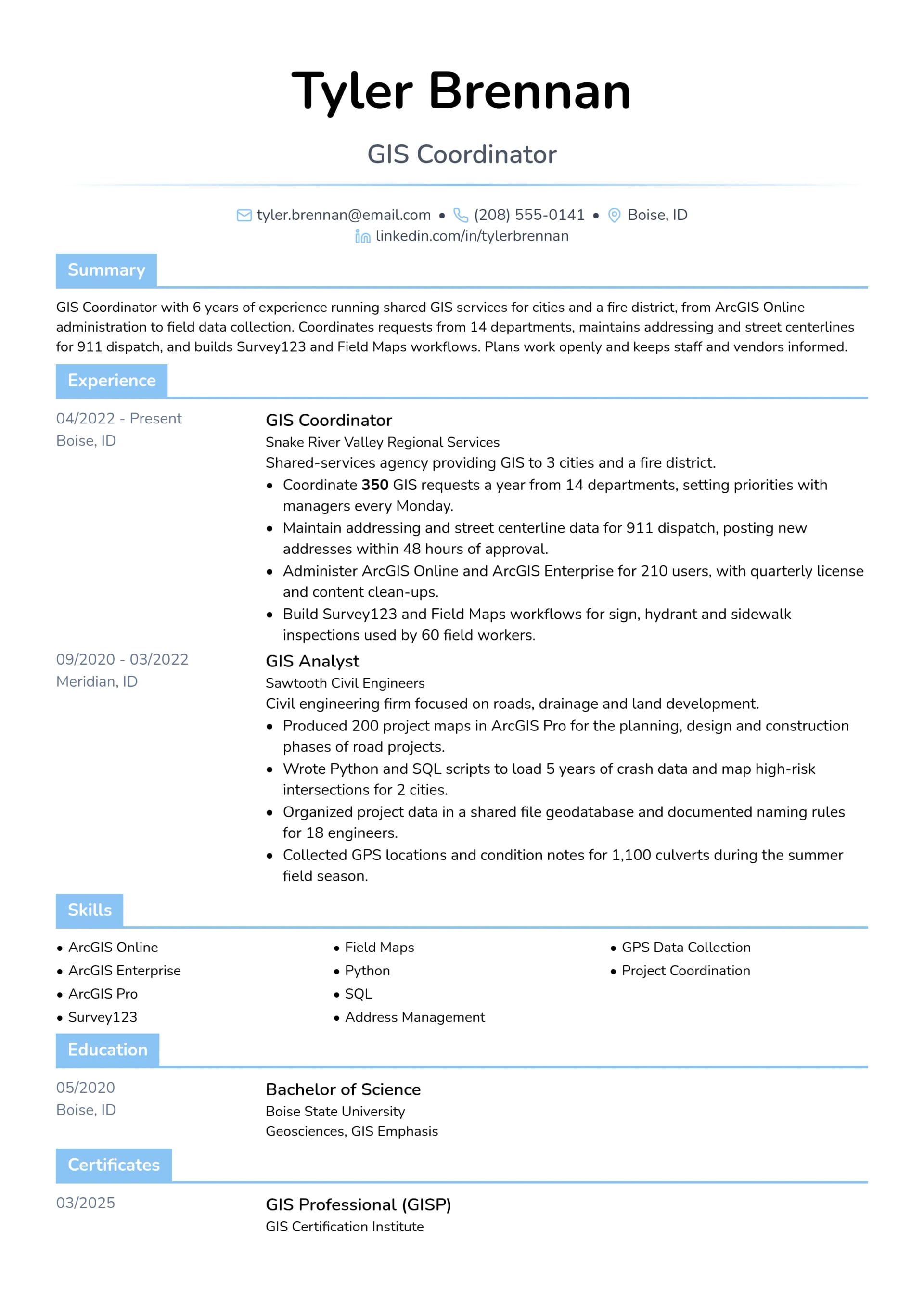 GIS Coordinator resume example