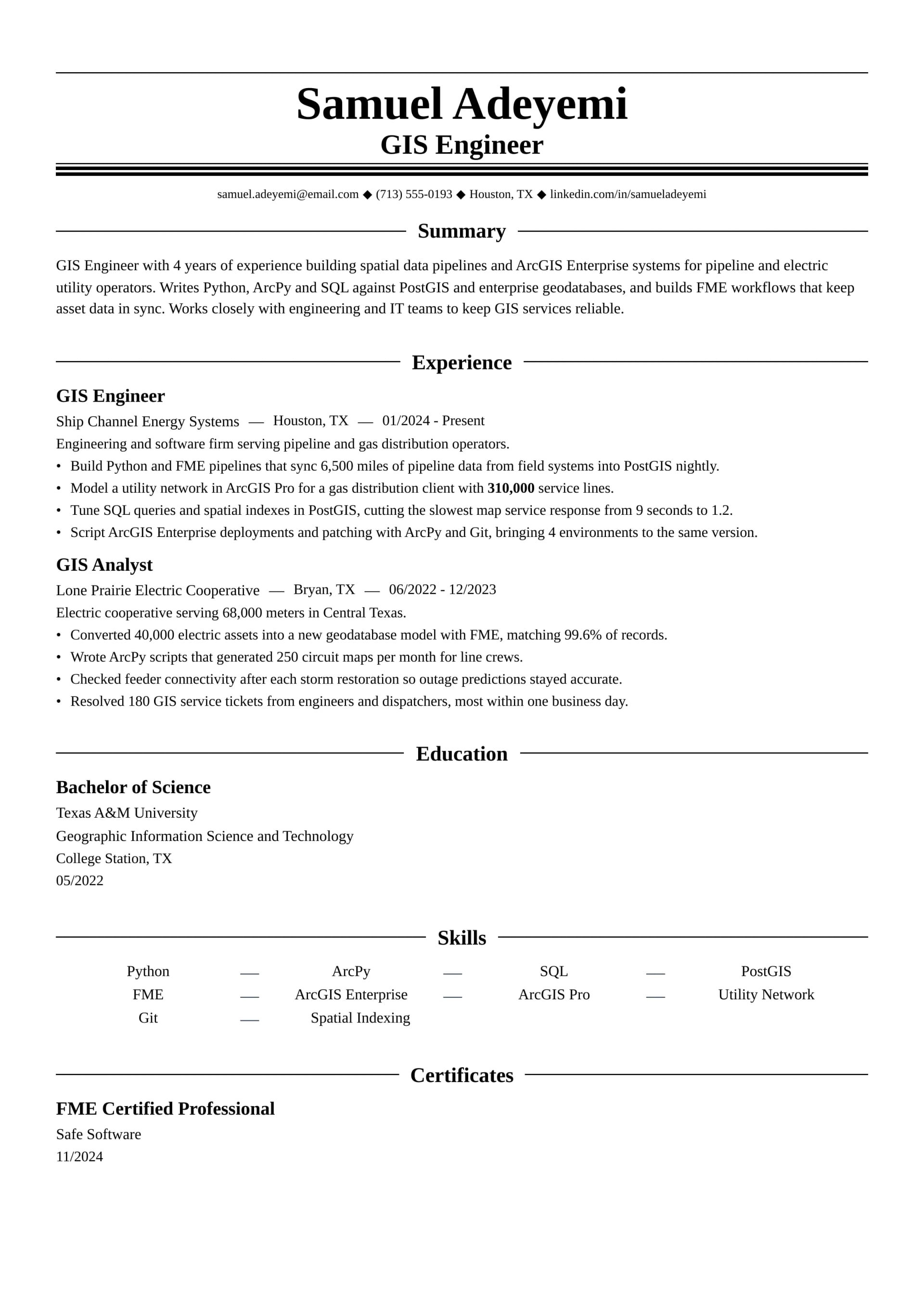 GIS Engineer resume example