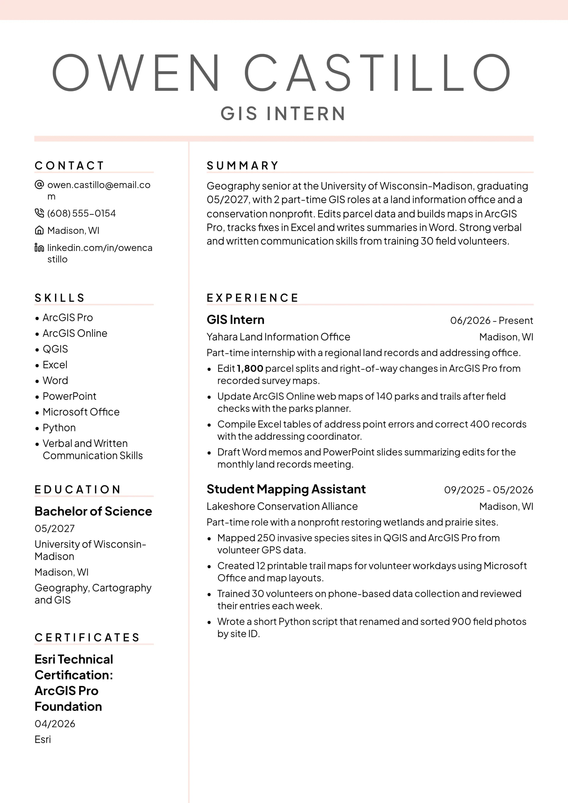 GIS Intern resume example