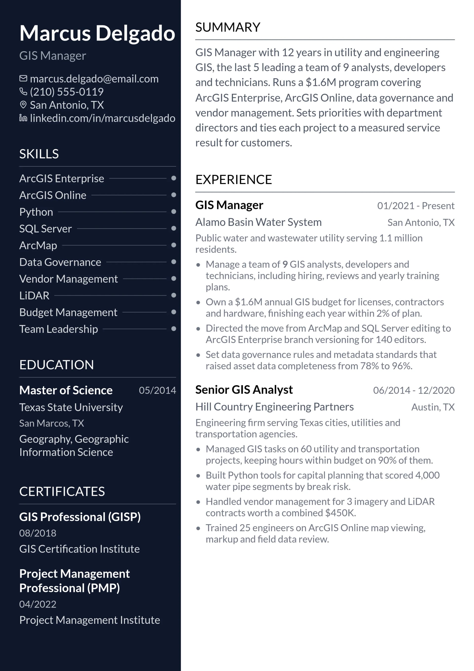 GIS Manager resume example