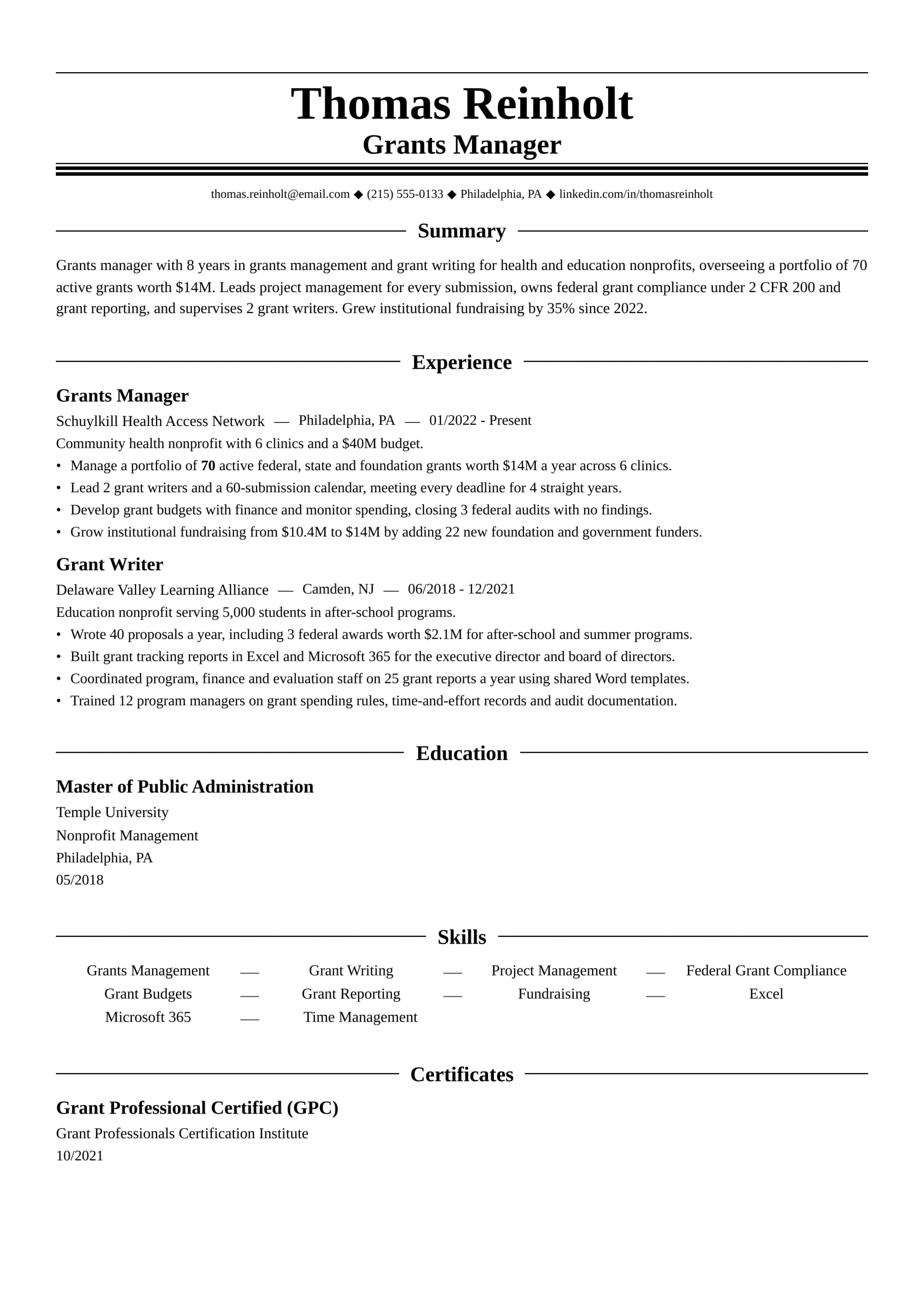 Grants Manager resume example