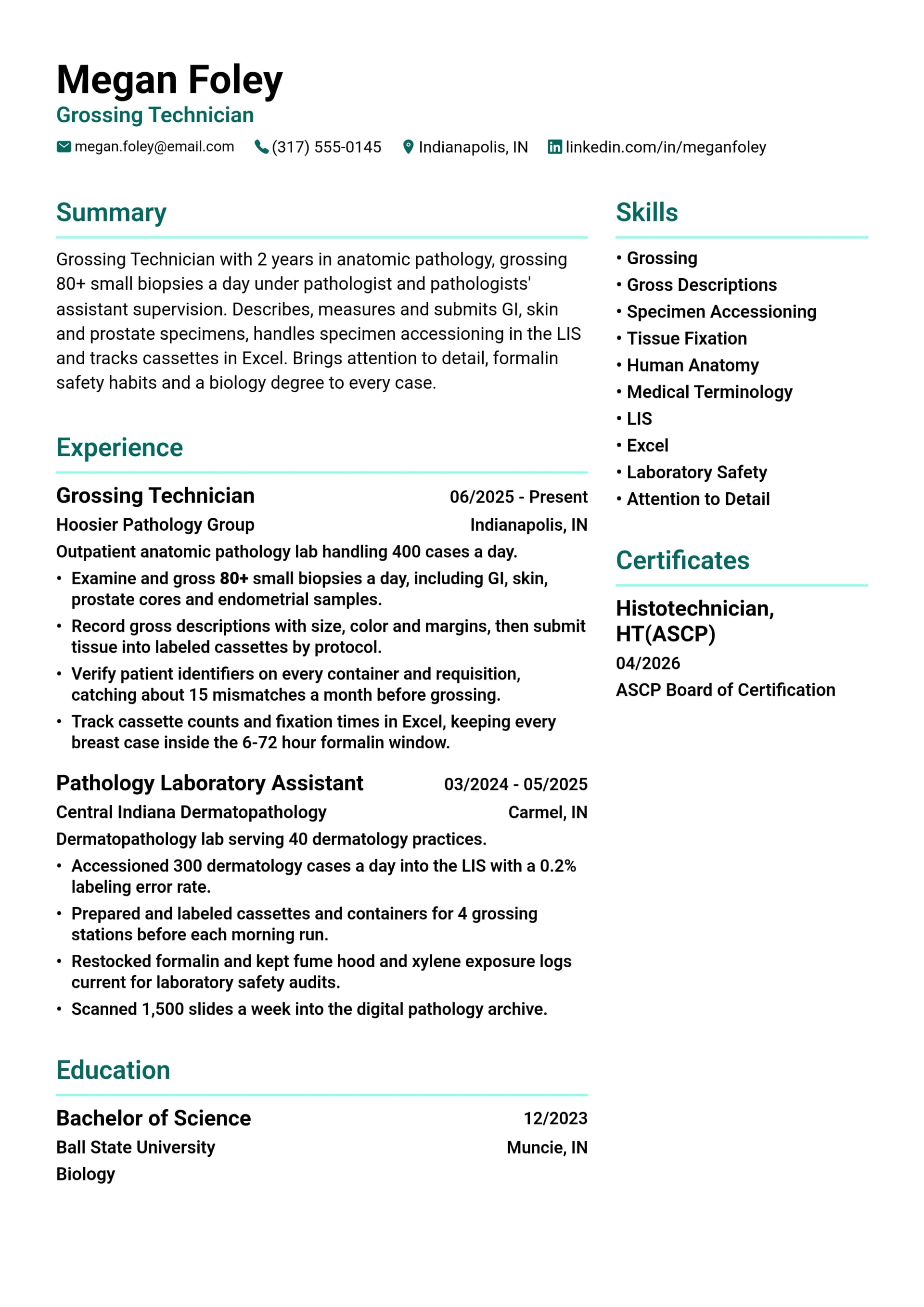 Grossing Technician resume example
