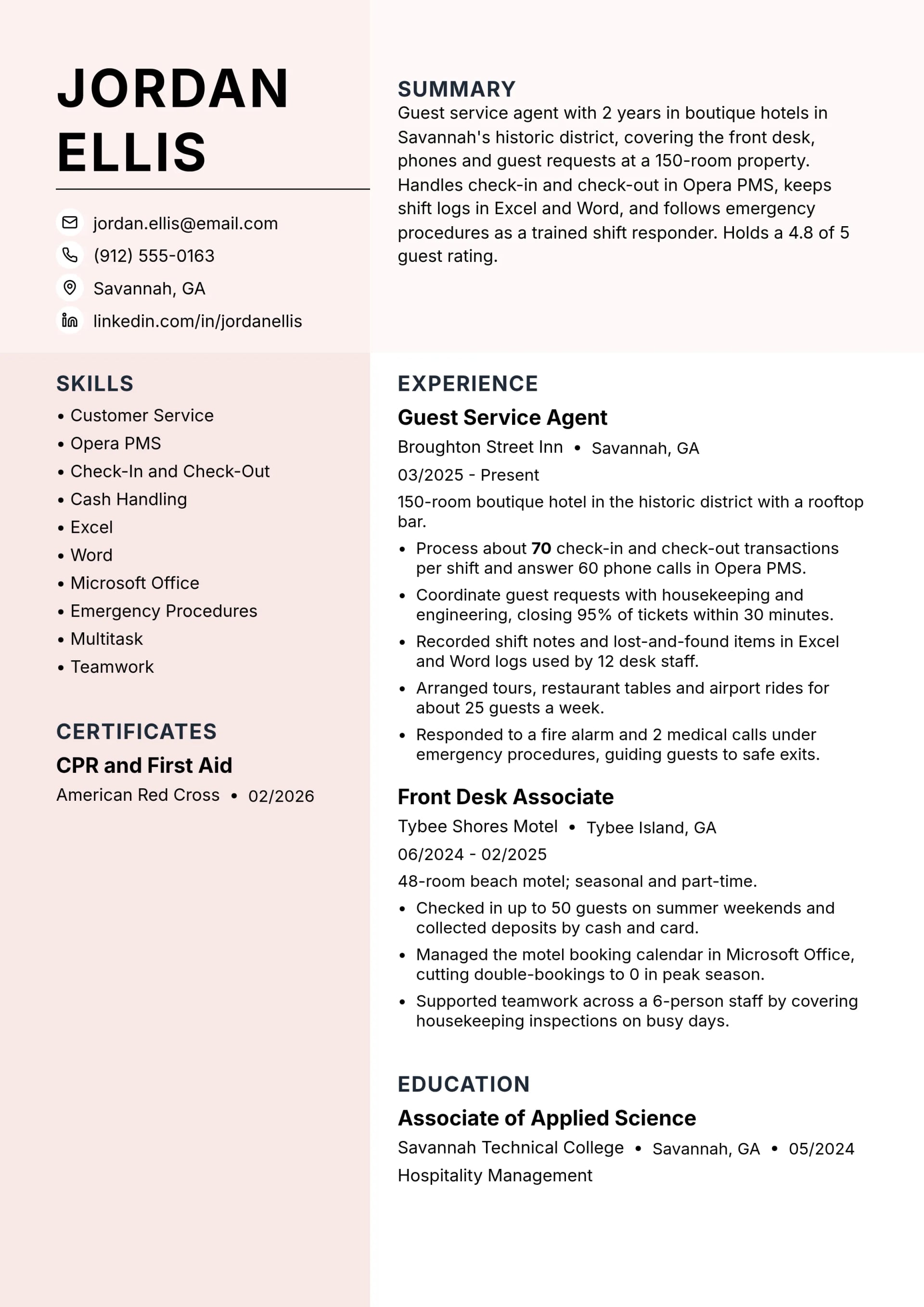 Guest Service Agent resume example
